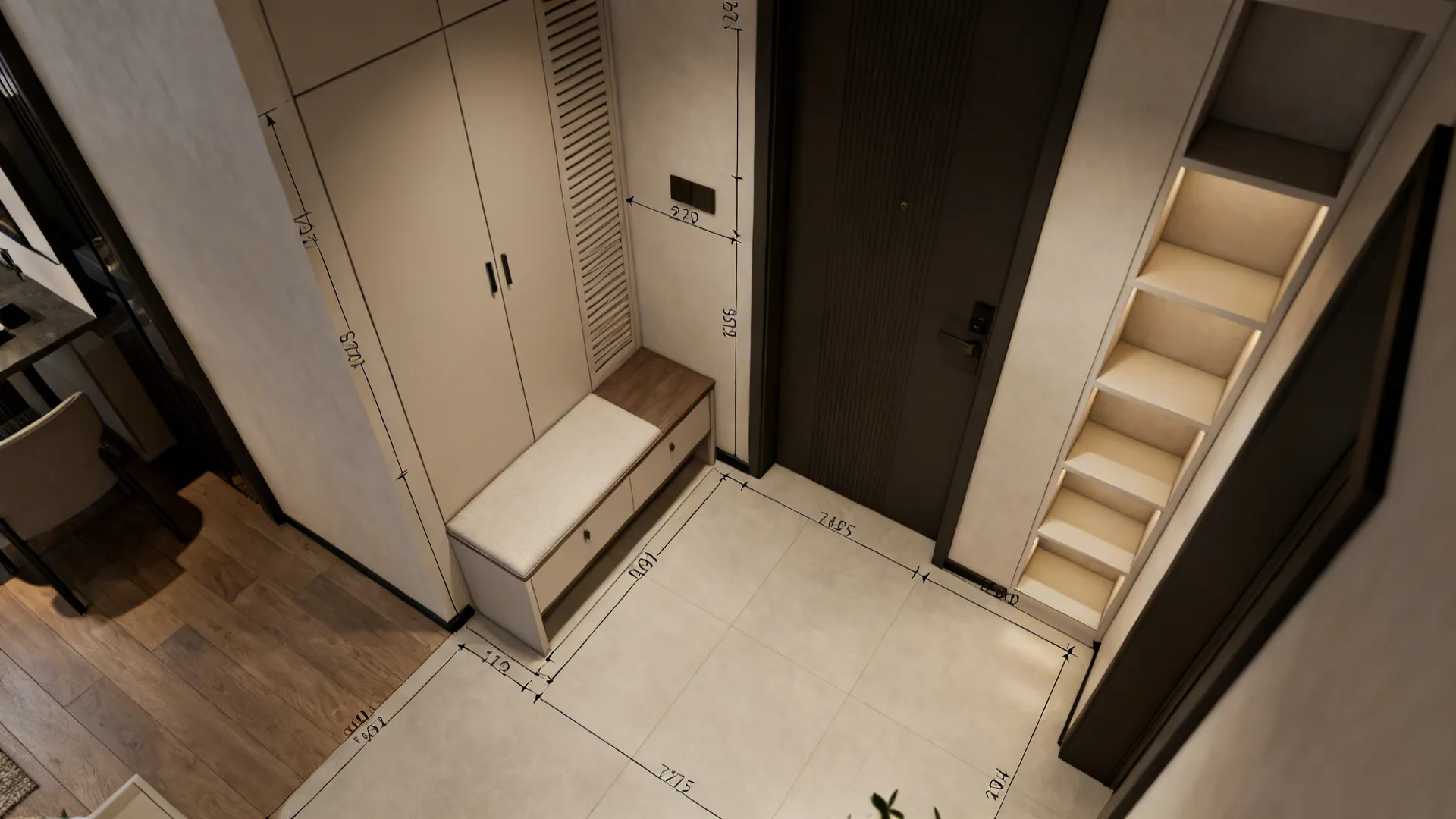 Top-down 3D floor planner view of a small entryway showing furniture footprints and clearances.