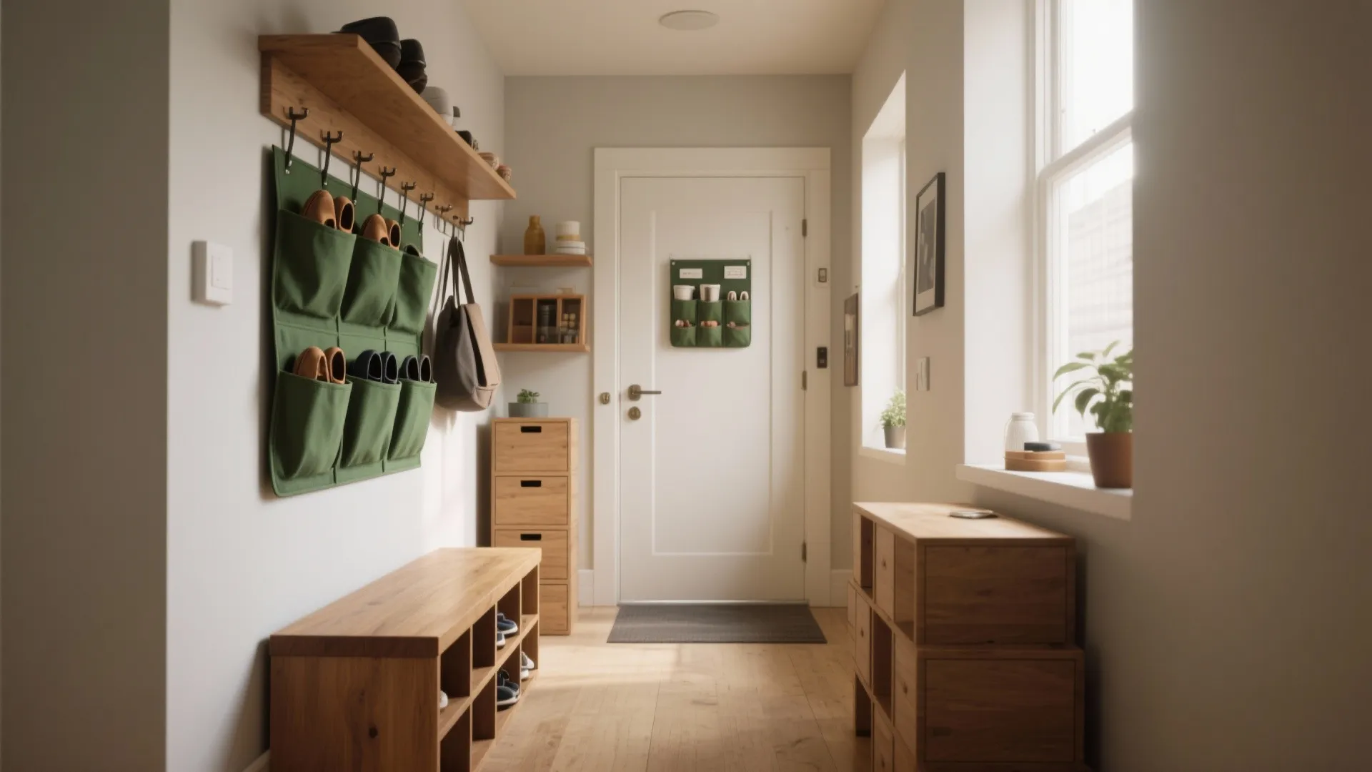 Bright hallway featuring green wall organizers for shoes with a wooden bench and small cabinet