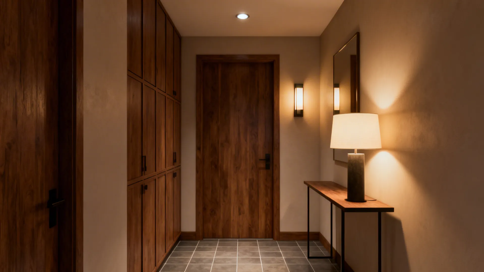 Entryway showing layered lighting with ceiling fixture, wall sconce and table lamp
