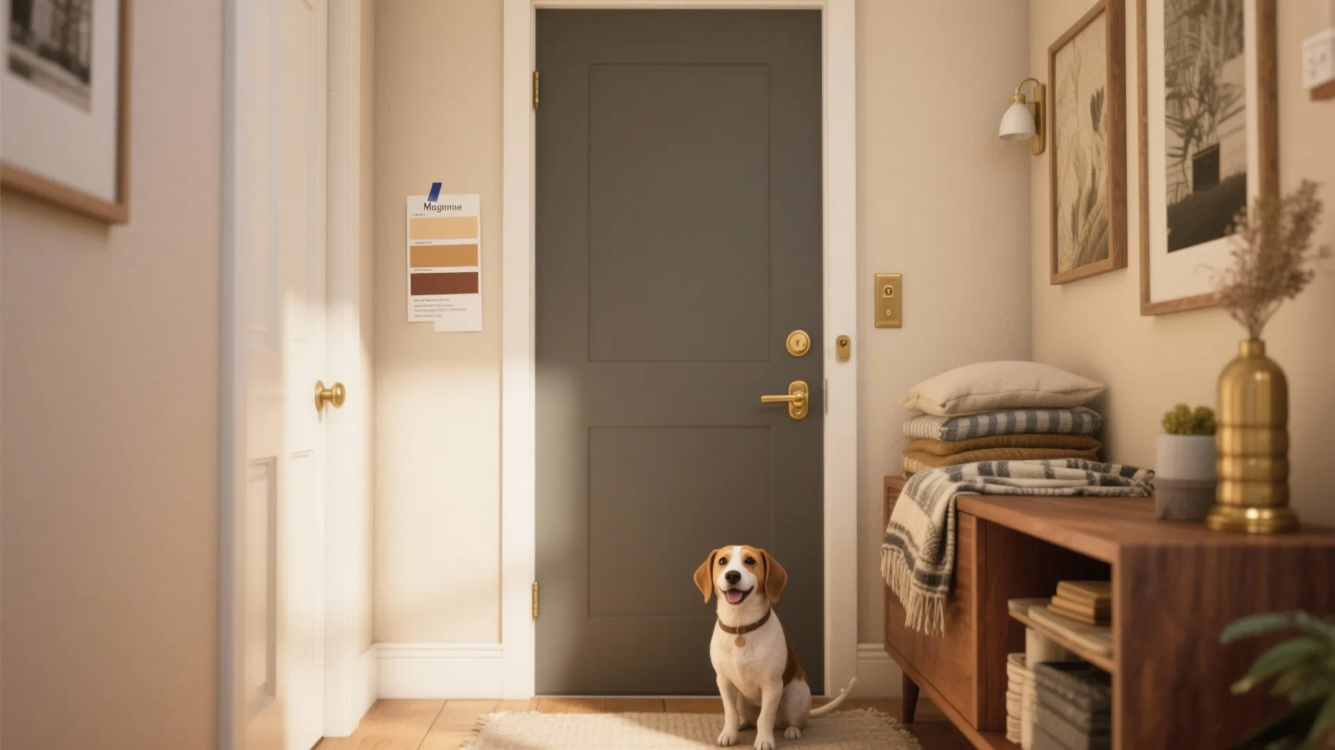 Small dog sitting on rug in a bright entryway with a grey door and wood cabinet