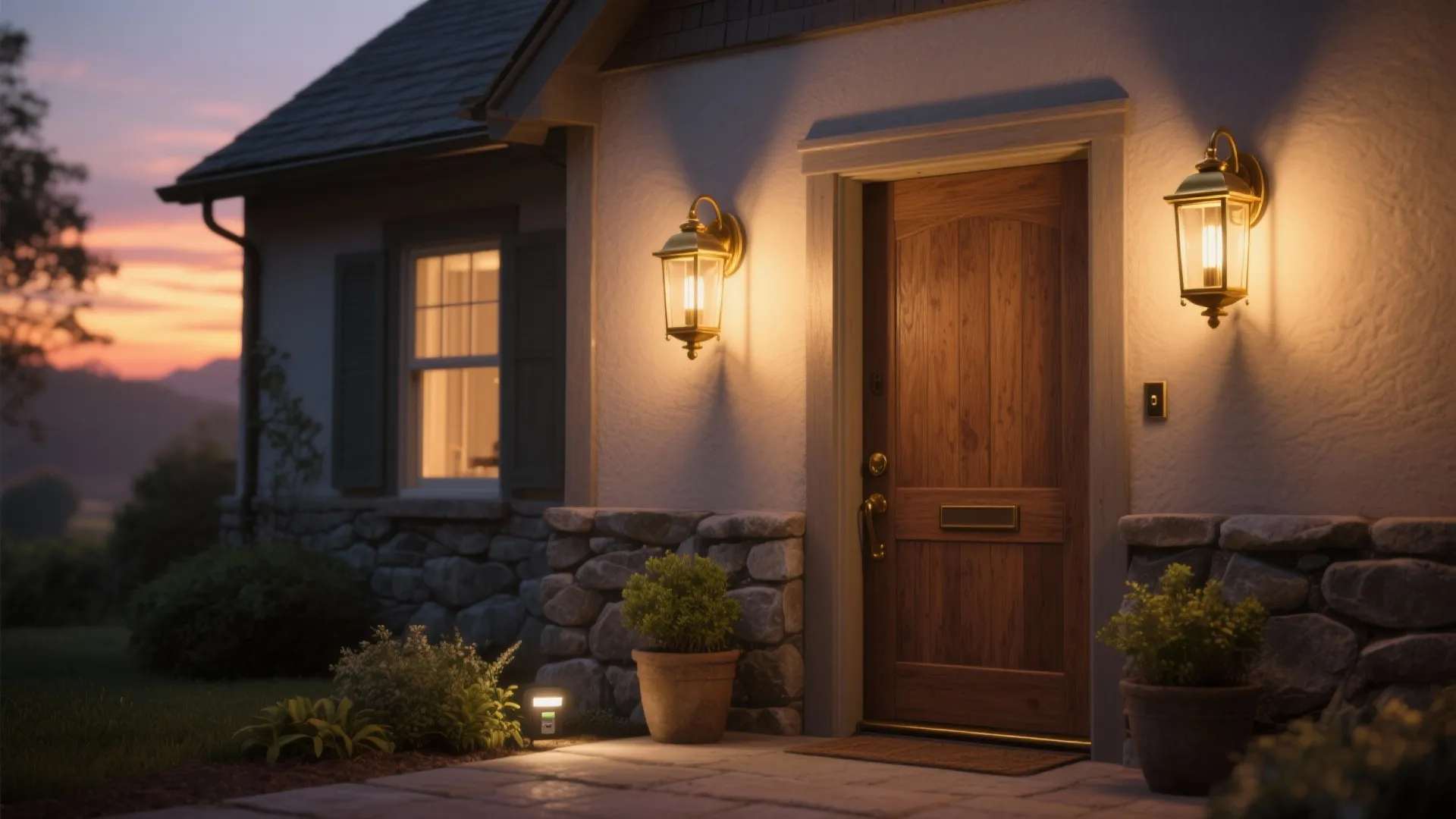 House entrance with wooden door and two gold wall light fixtures during a sunset evening
