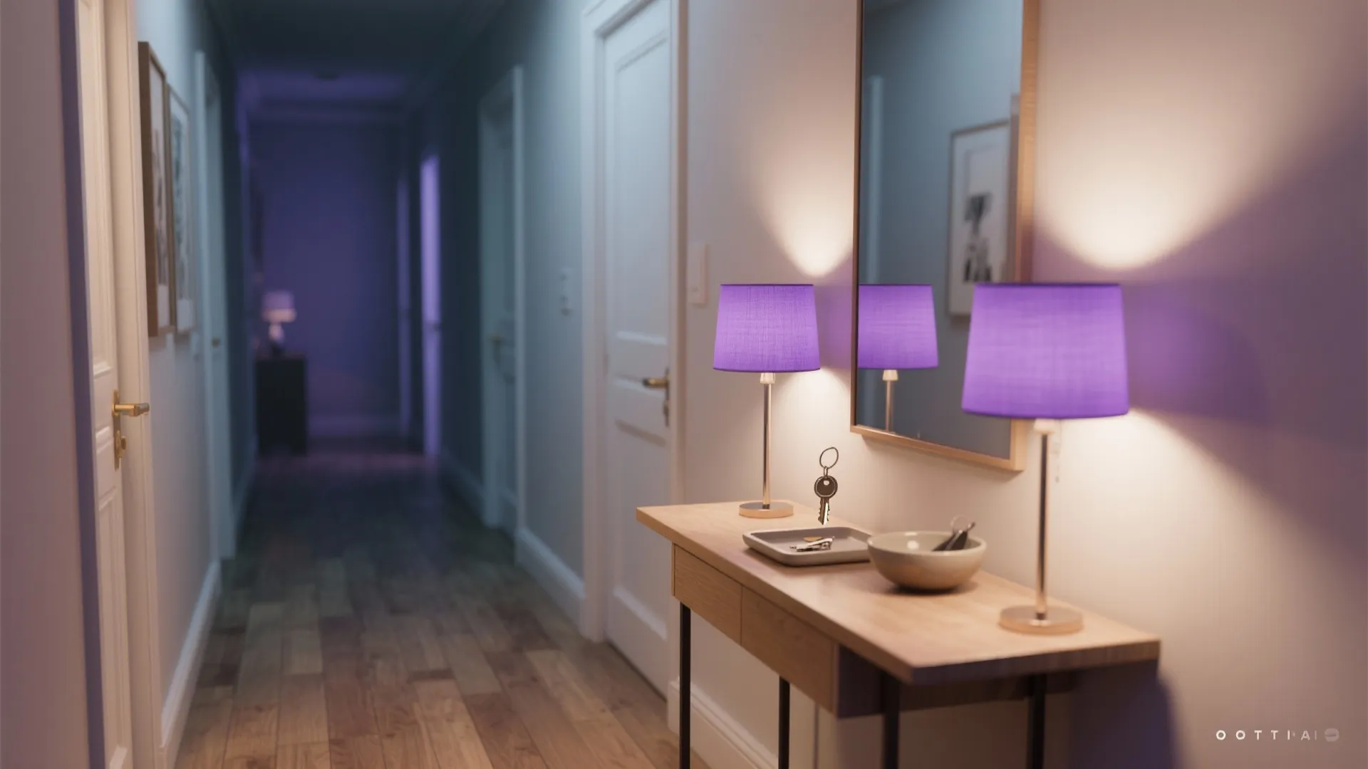 Modern entryway with wooden table featuring two purple lamps and mirror along a long hallway