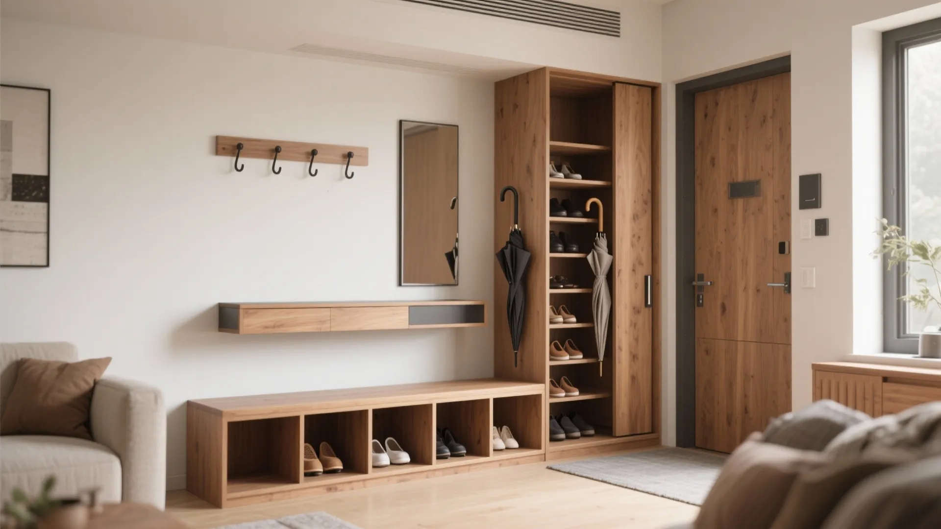 Modern wooden entryway with shoe storage bench coat hooks wall mirror and tall cabinet with umbrellas