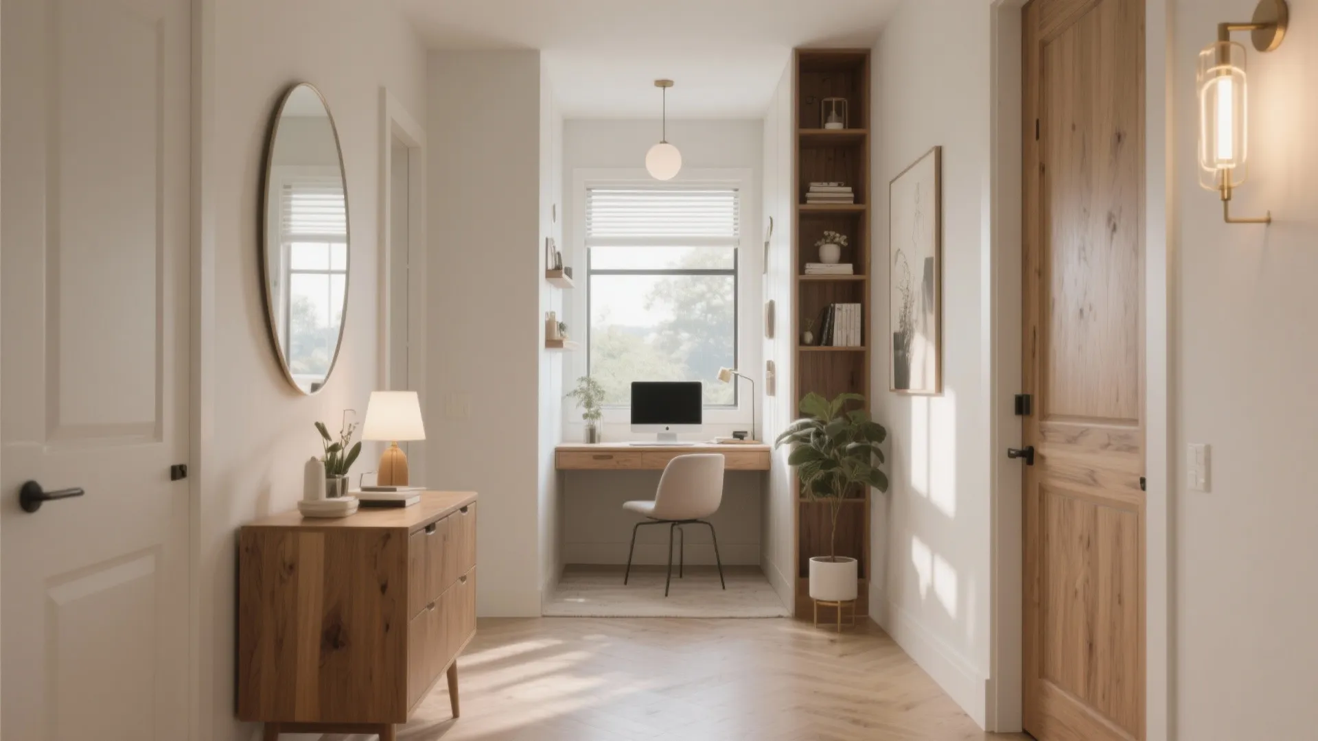 Home office nook in a hallway with wooden desk, chair, tall bookshelf, and round mirror