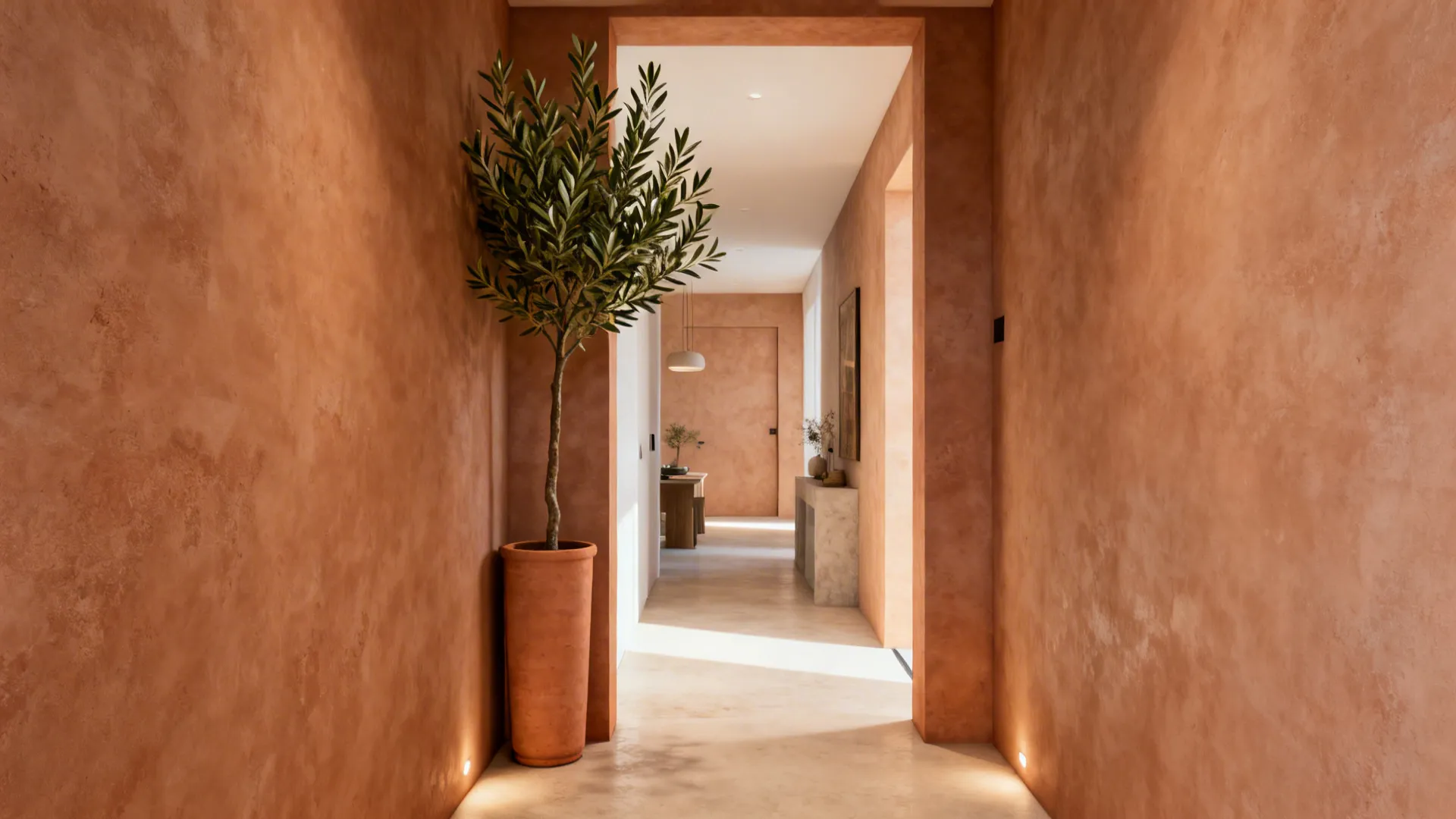 Narrow home hallway with warm orange textured walls and a green plant in tall pot