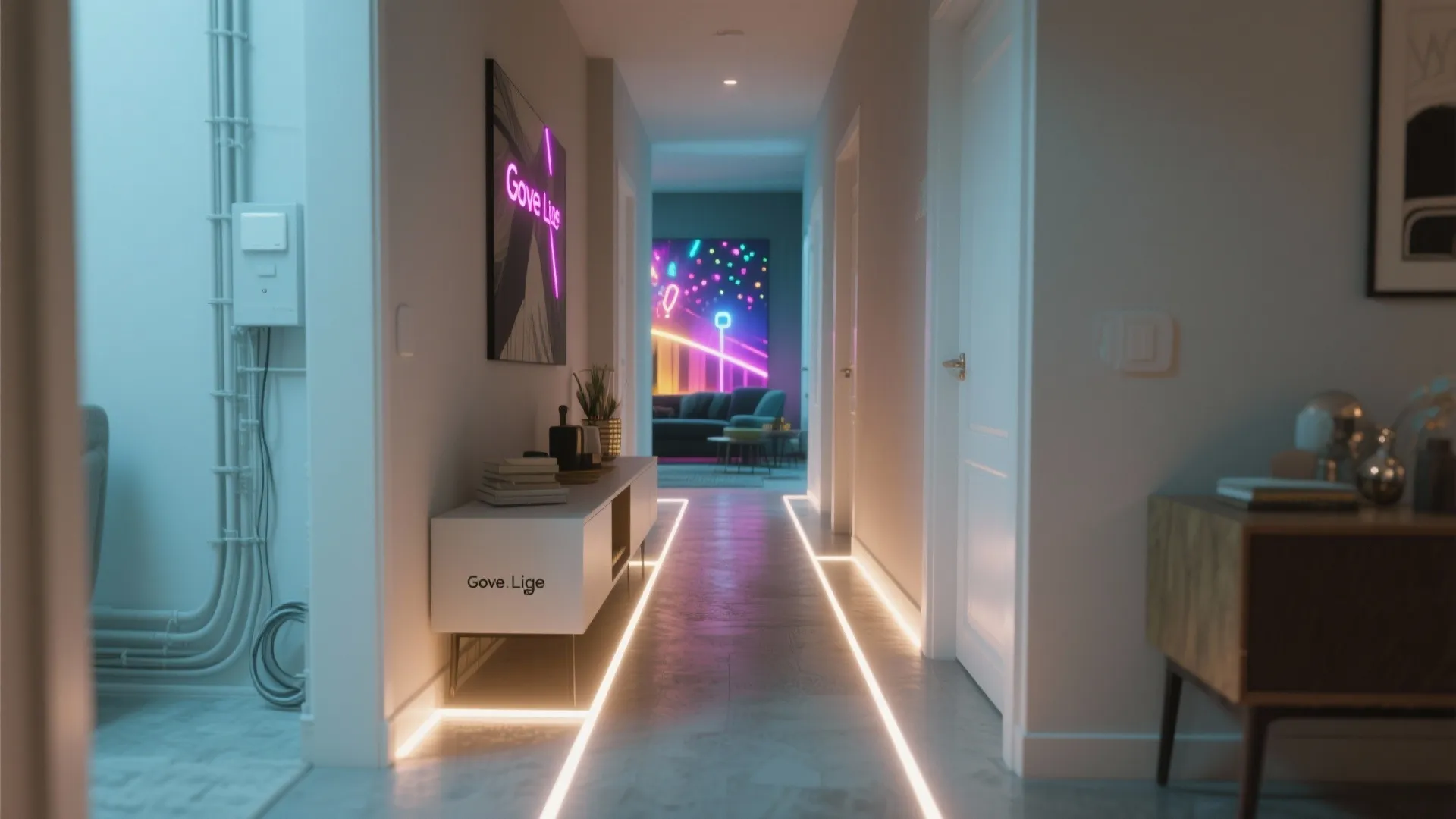 Narrow entryway with Govee Glide strips along a low console and floor guiding the path.