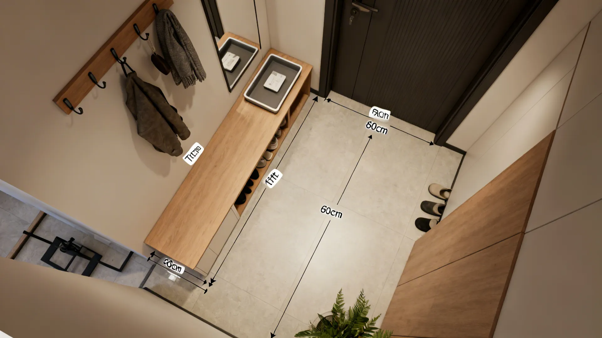 Top-down planning view of a tiny entryway with mixed custom and ready-made elements
