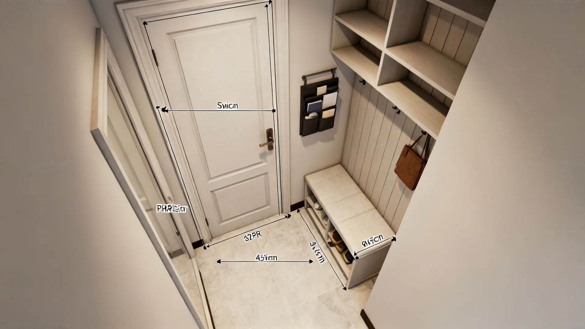 Top-down mockup of an entryway showing door swing and storage placement options.