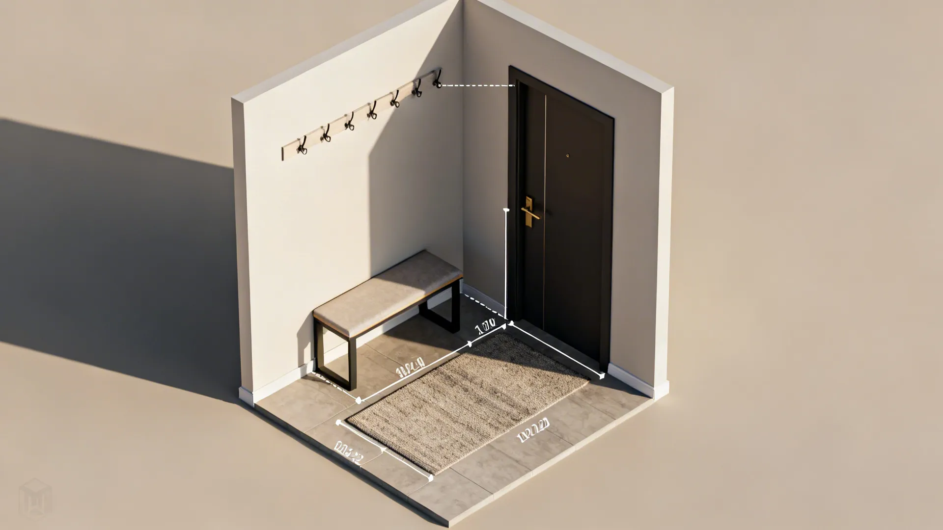 Top-down floor plan visualization of a compact entry showing furniture layout and clearances