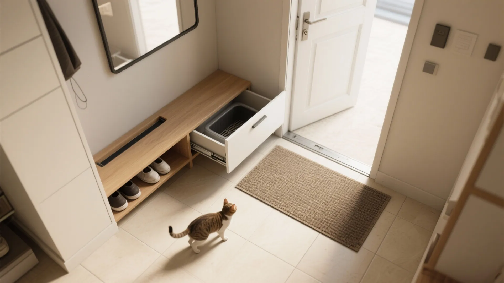 Entryway with wooden shoe bench and cat litter box hidden in a pull out drawer
