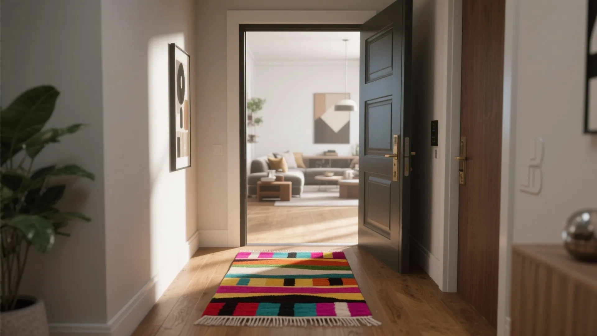 Home entrance with a colorful striped rug on wooden floor looking into a bright living room