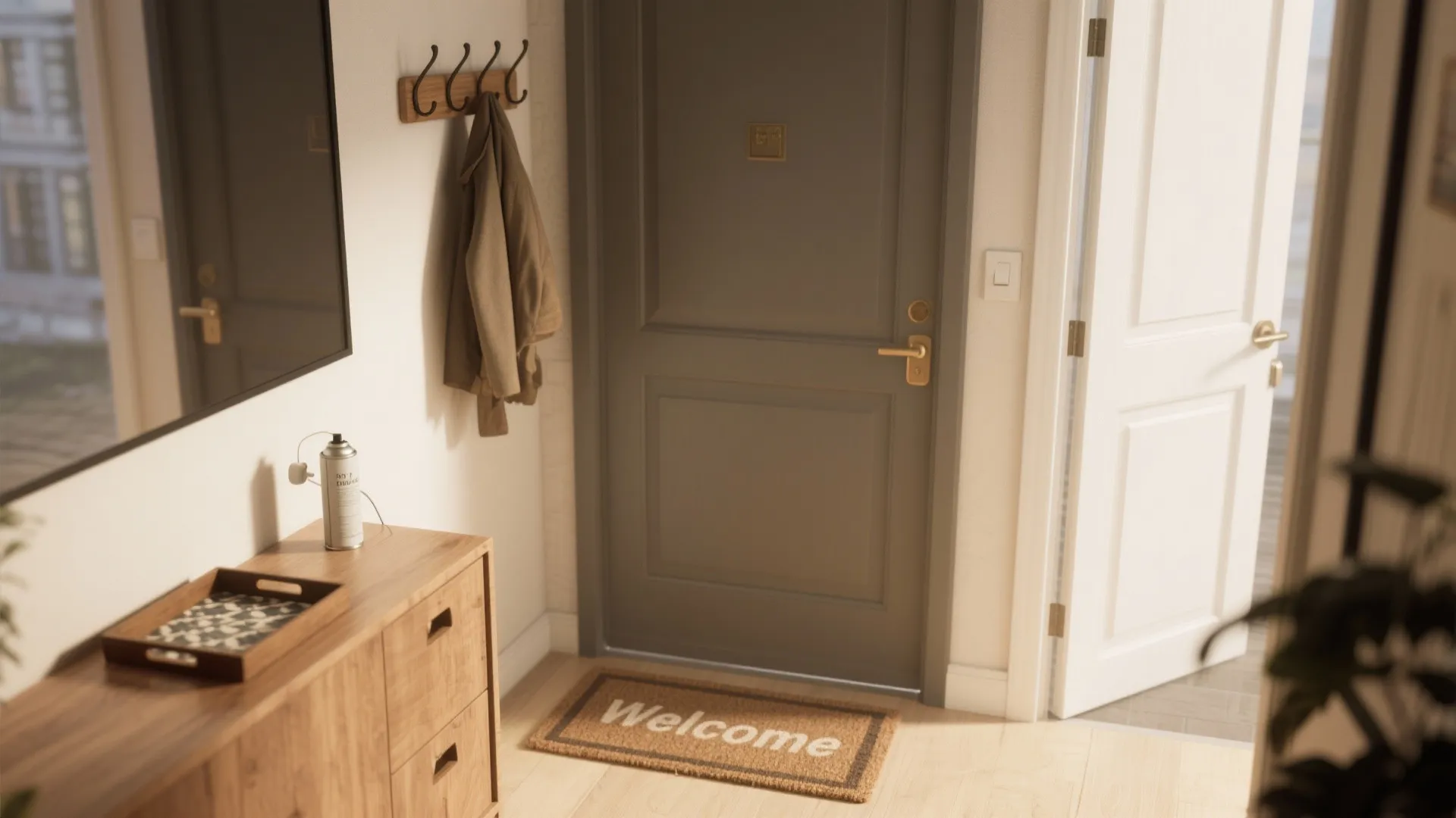 Modern apartment entryway featuring wooden cabinet gray front door welcome mat and wall coat hooks