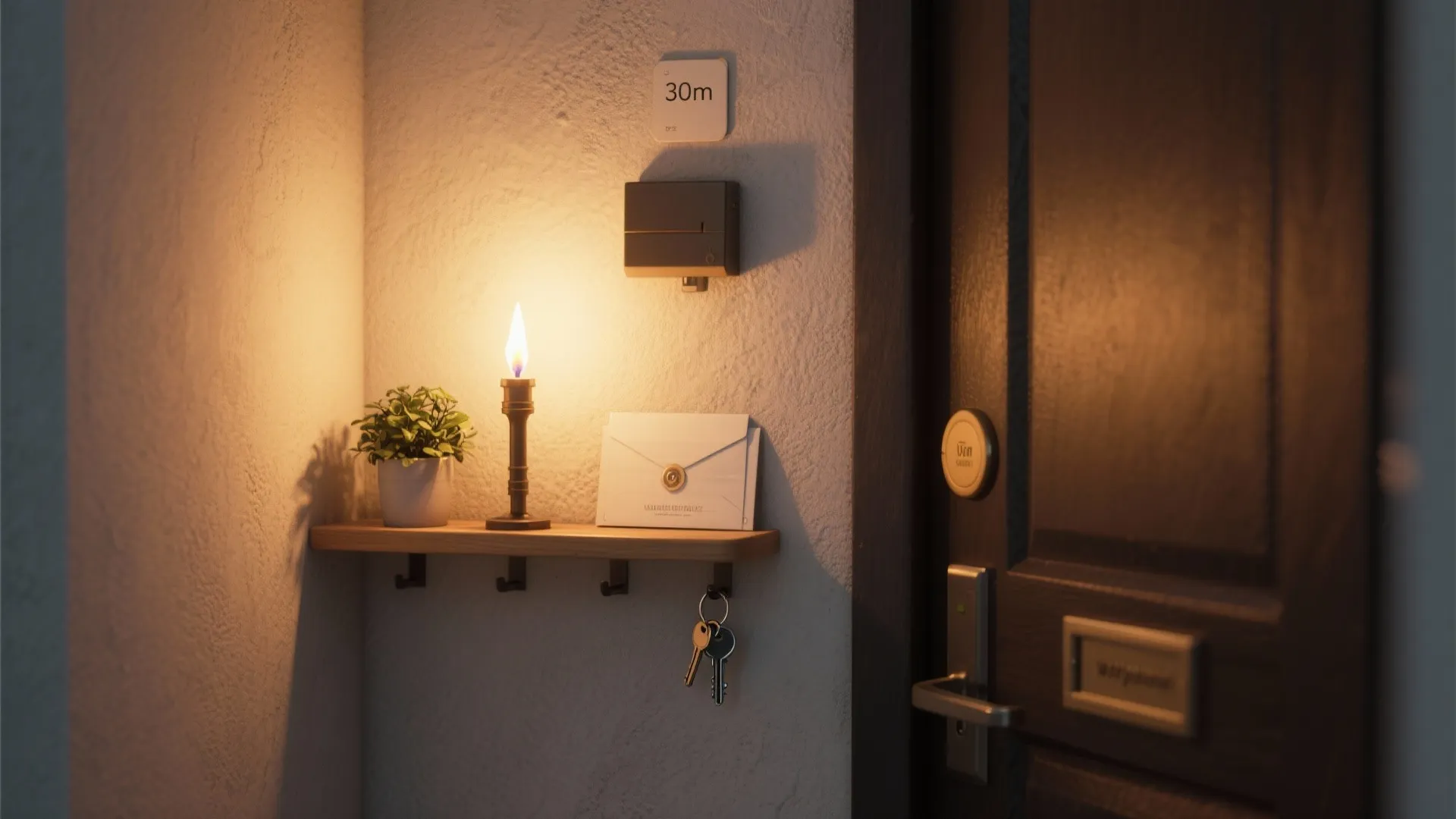 Small entryway with integrated torch wall light and slim floating shelf holding keys and a plant