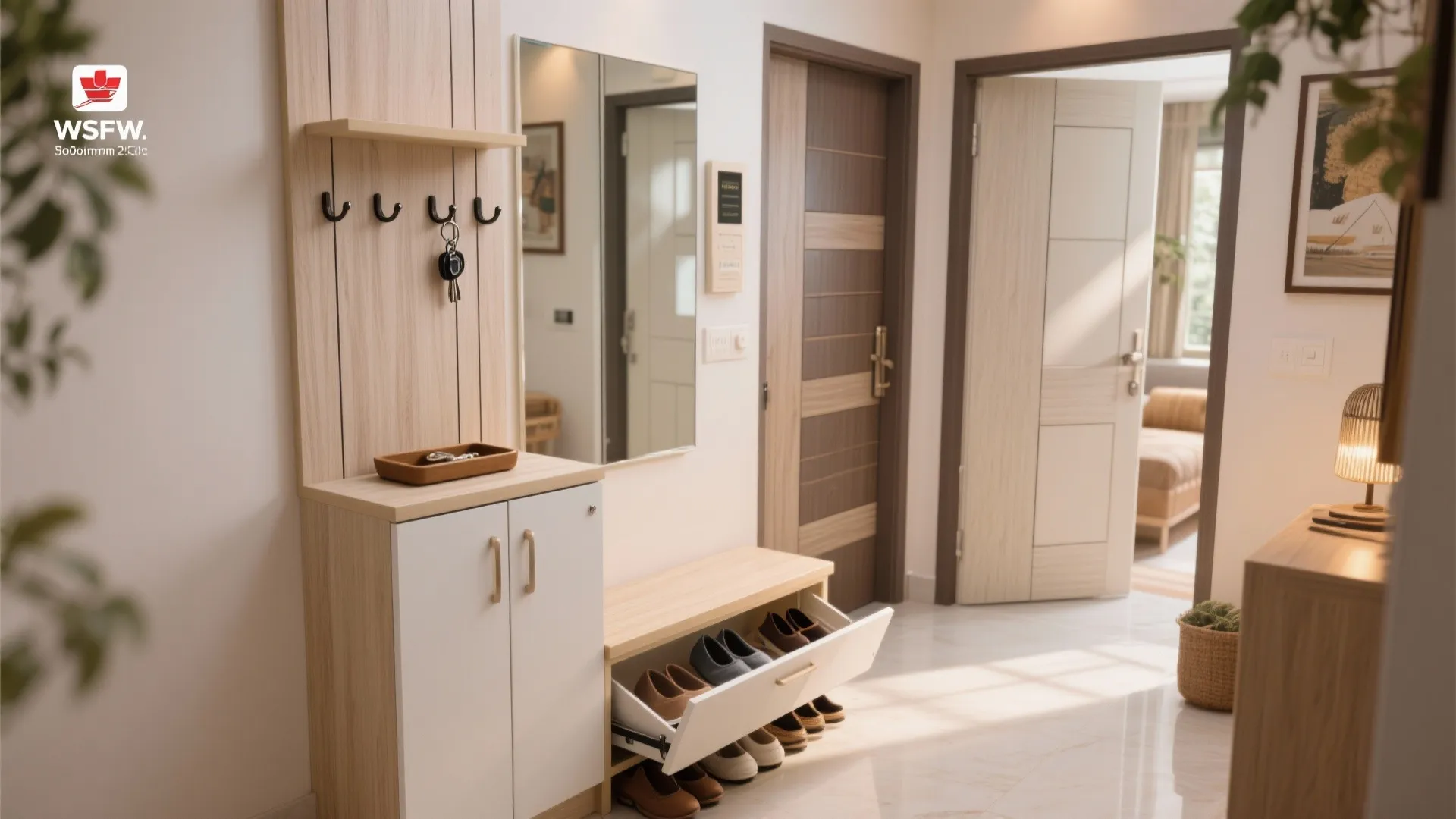 Entryway with wood and white storage cabinet mirror wall hooks and open shoe rack design