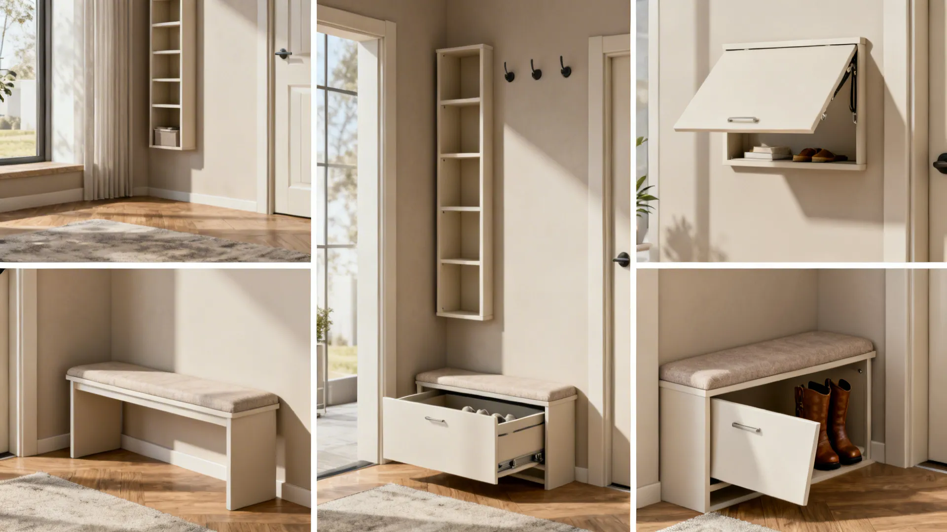 Collage of entryway shoe storage solutions including benches, cubbies, flip-down units, drawers, and boot nook.