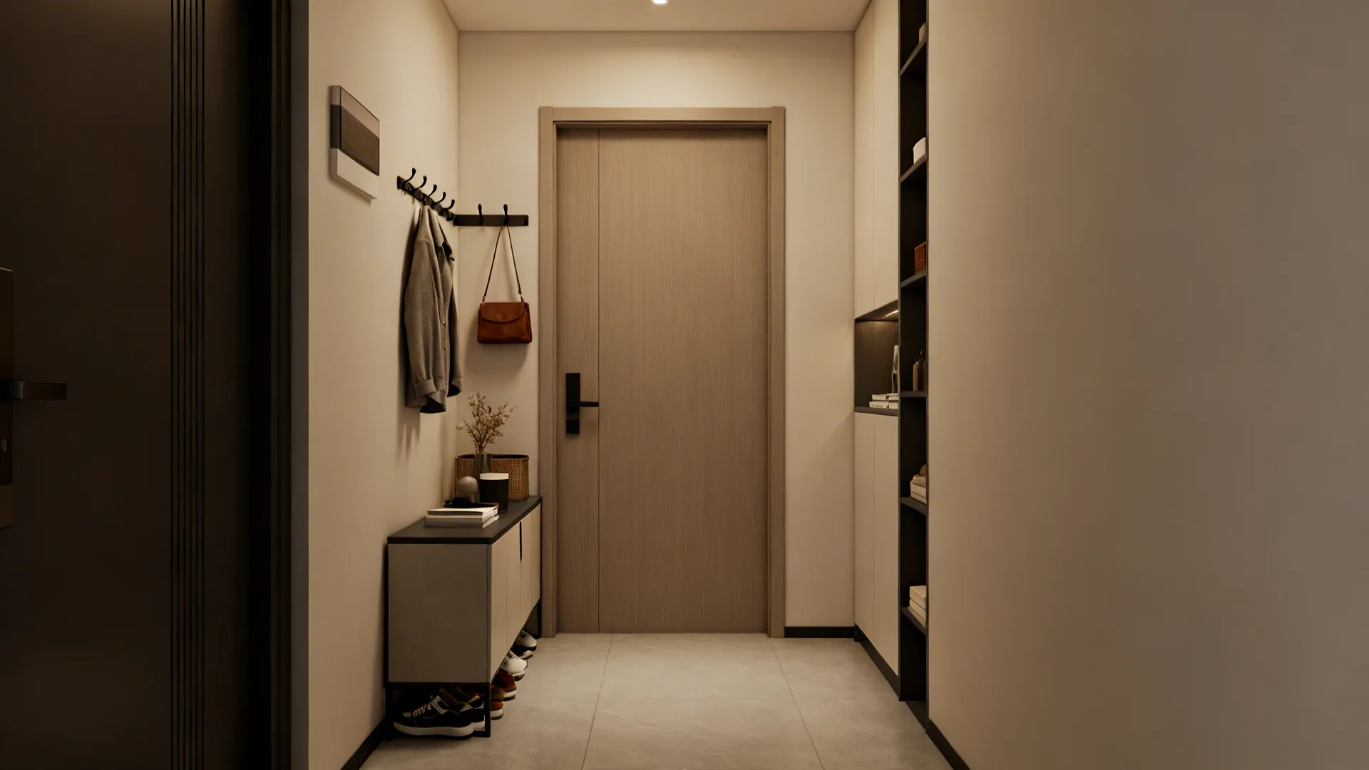 Slim shoe cabinet and wall hooks keeping the apartment entryway clear and functional.