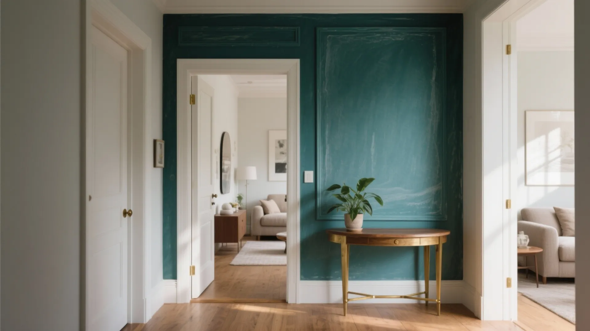 Teal entryway wall panel with wooden table and plant leading into a bright living room