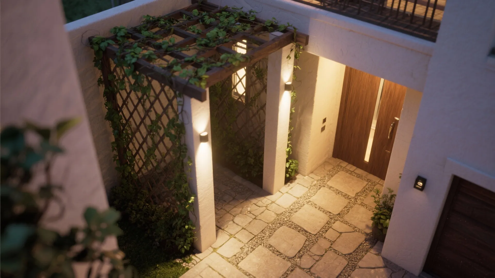 Compact entryway with a vine trellis and column accentuated by up-down fixtures lighting trellis and paving