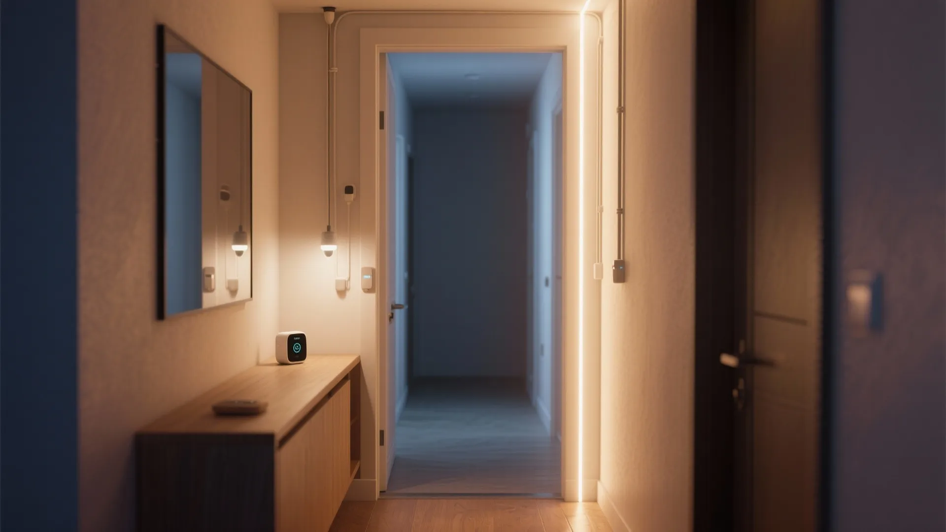 Home hallway with wooden cabinet mirror warm wall light strip and open door to another room