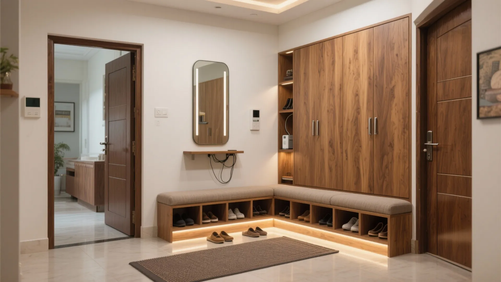 Entryway rhythm, hidden storage, and wood warmth