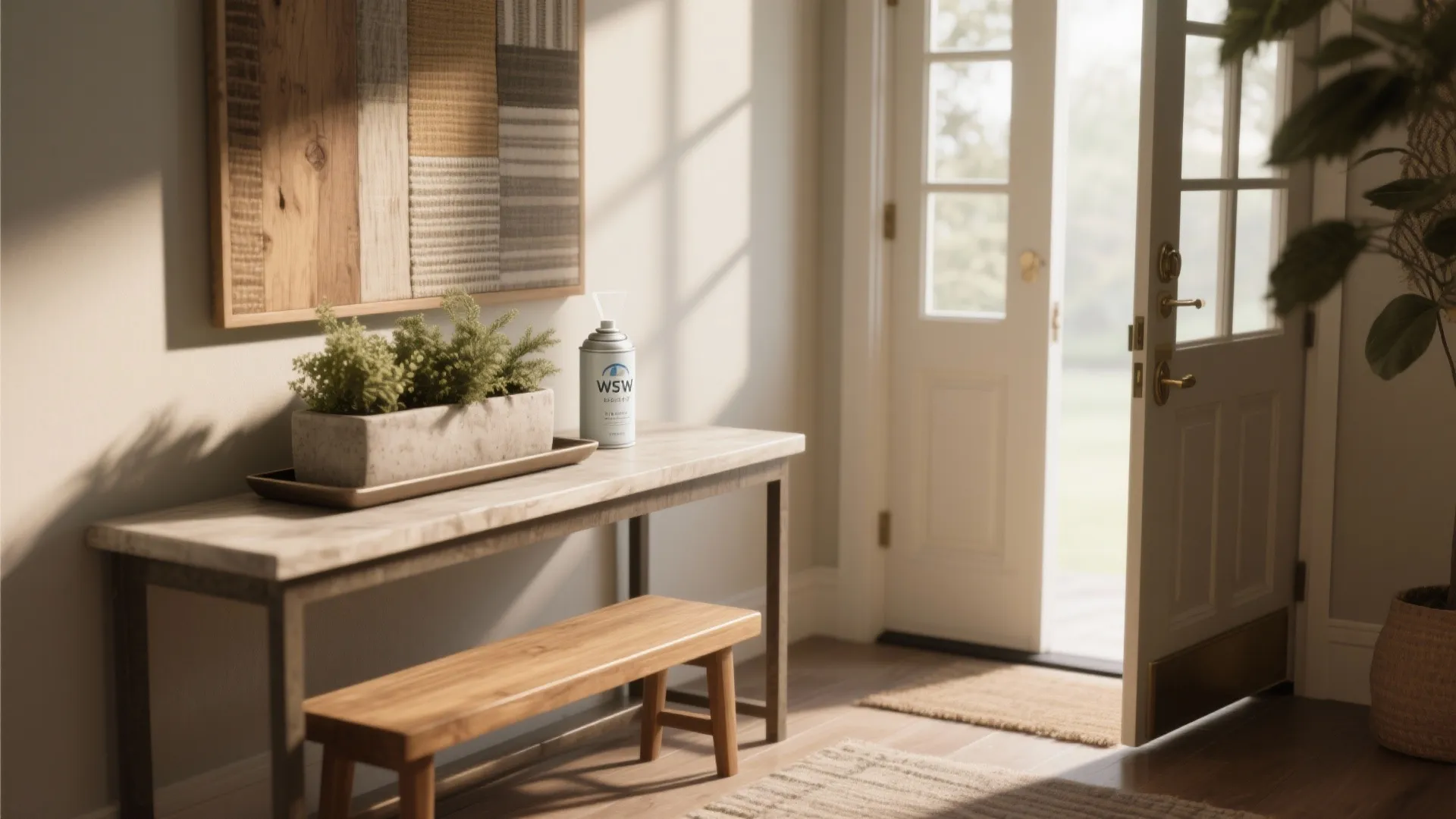 Entryway console with a planter and a hidden compact air neutralizer tucked under a tray for a gentle welcome scent.