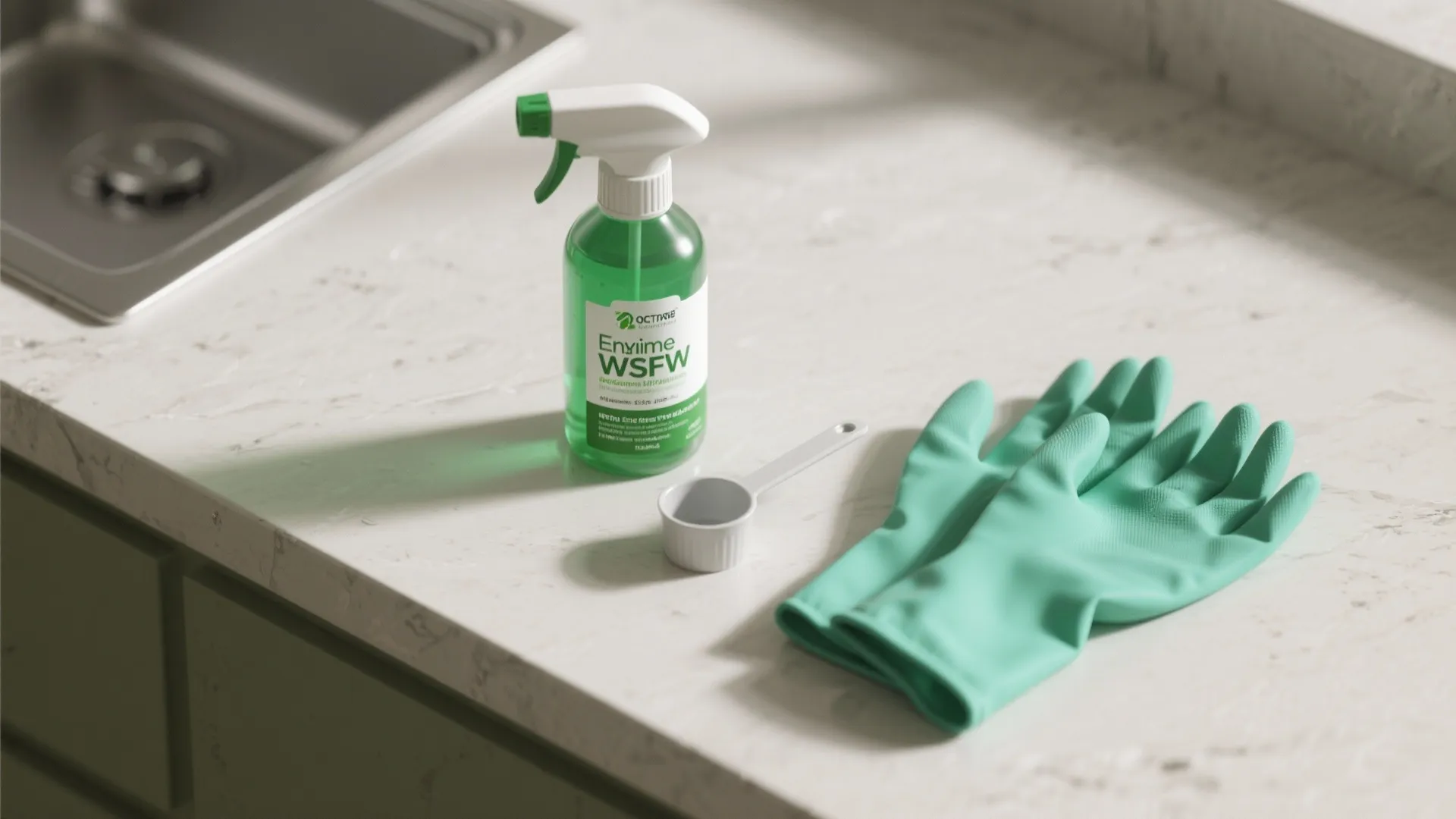 Green spray bottle of cleaning liquid with small scoop and green rubber gloves on marble
