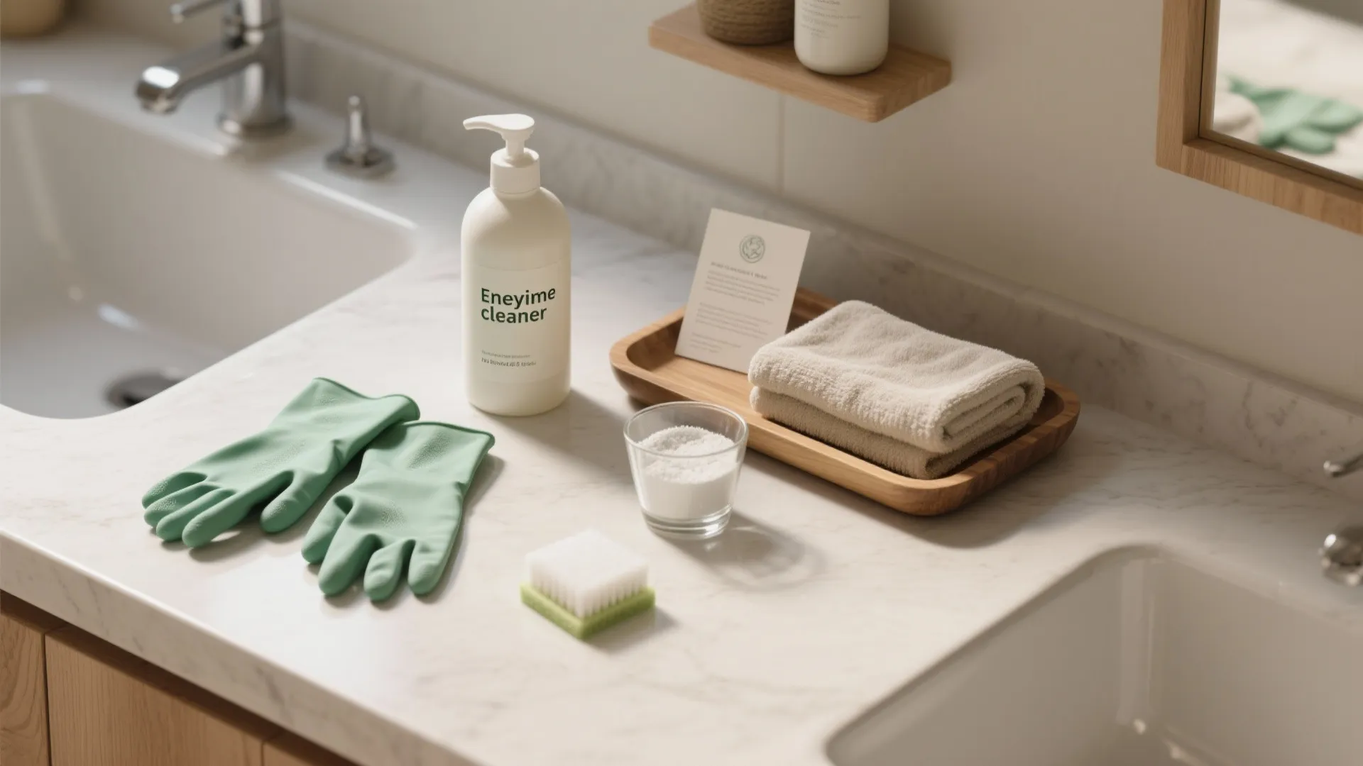 Bathroom counter with enzyme cleaner bottle green rubber gloves small brush towels and white powder