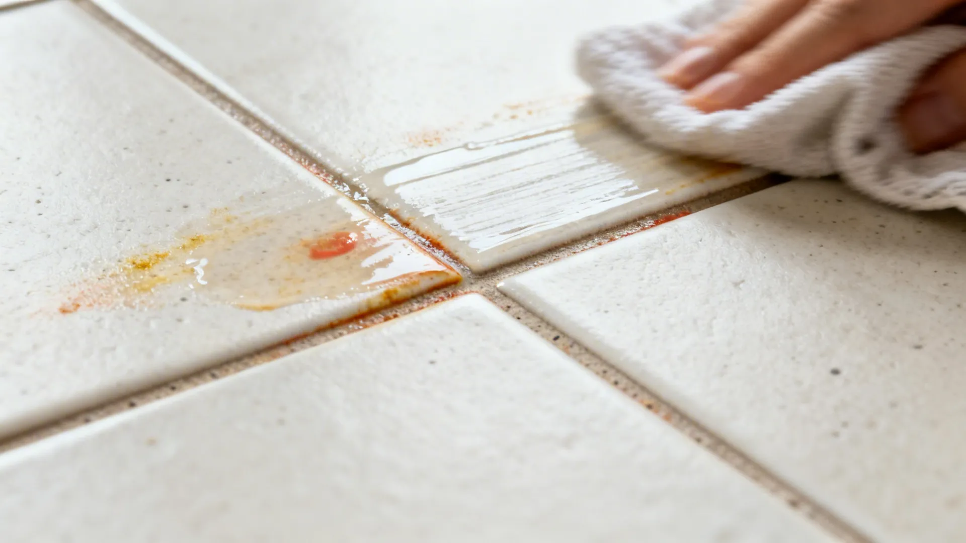 Macro of matte porcelain and grout with enzyme cleaner treating organic stains.
