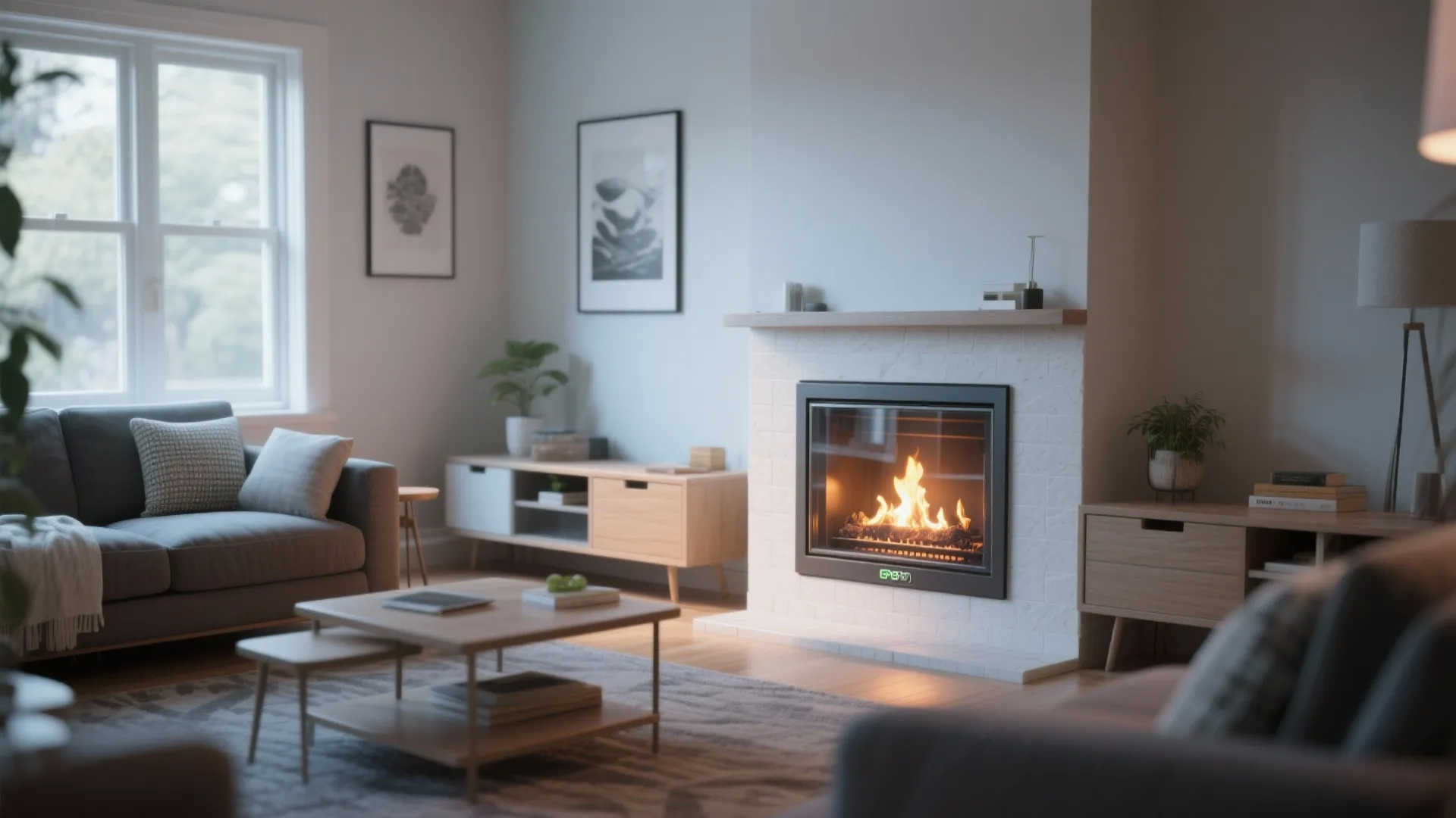 Small living room with a modern EPA-certified fireplace insert, clean glass and efficient flame, designed for tight clearances.