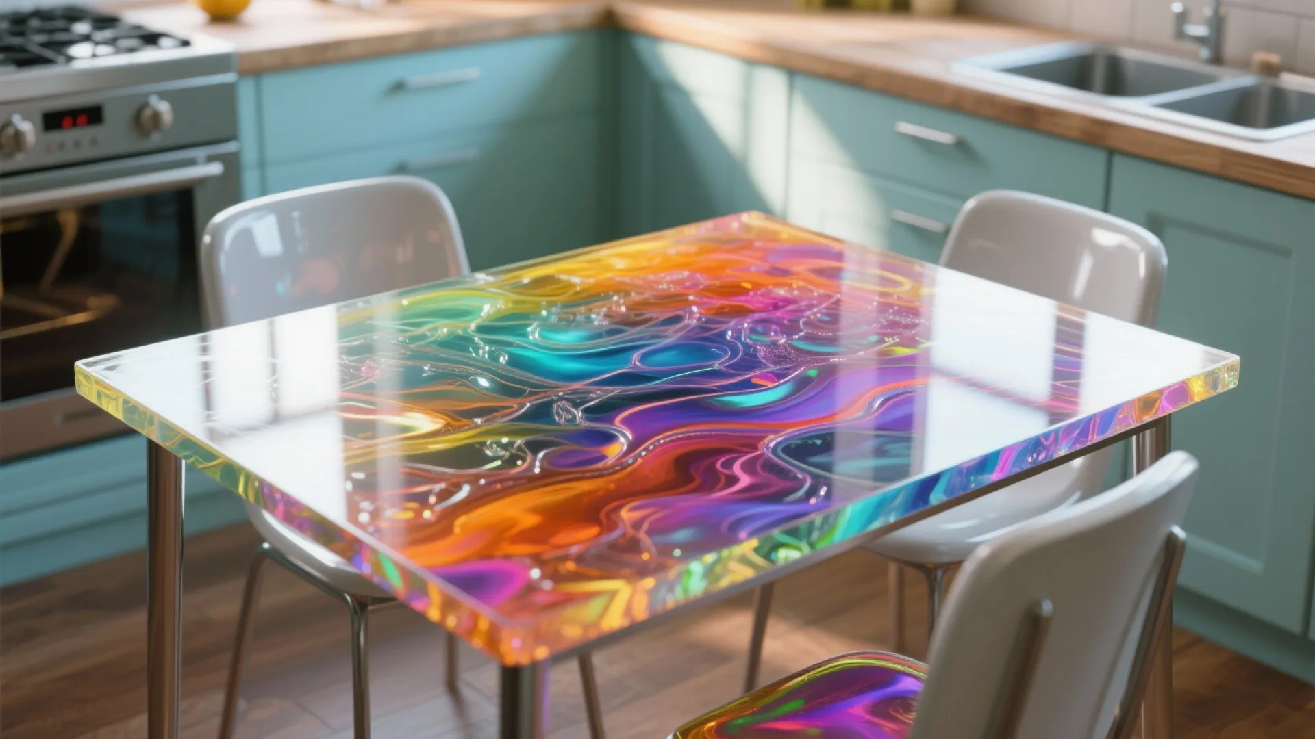 Dining table with a colorful rainbow swirl pattern top sitting in a light blue modern kitchen