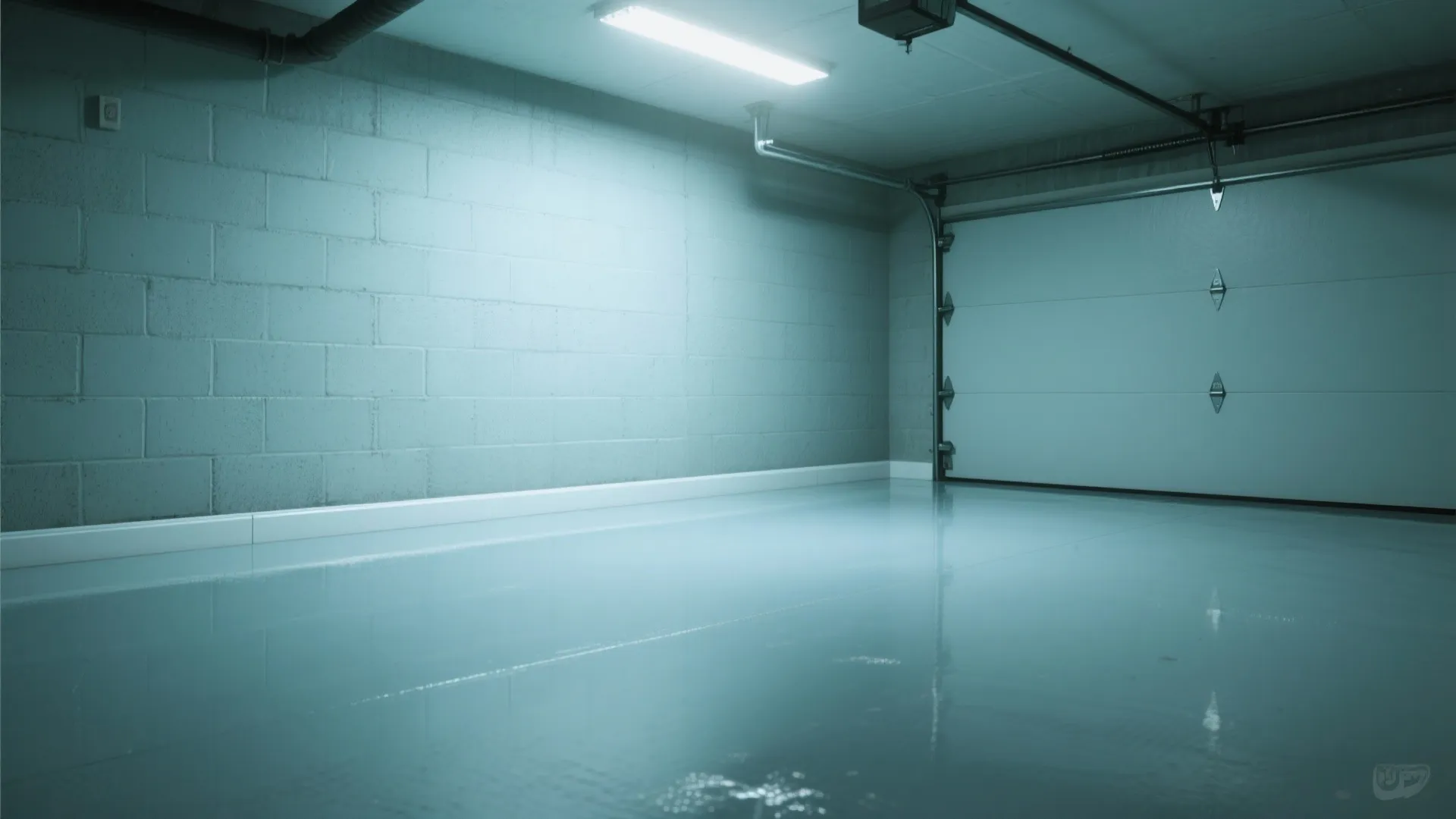 Clean empty basement with blue epoxy floor white brick walls garage door and bright ceiling light