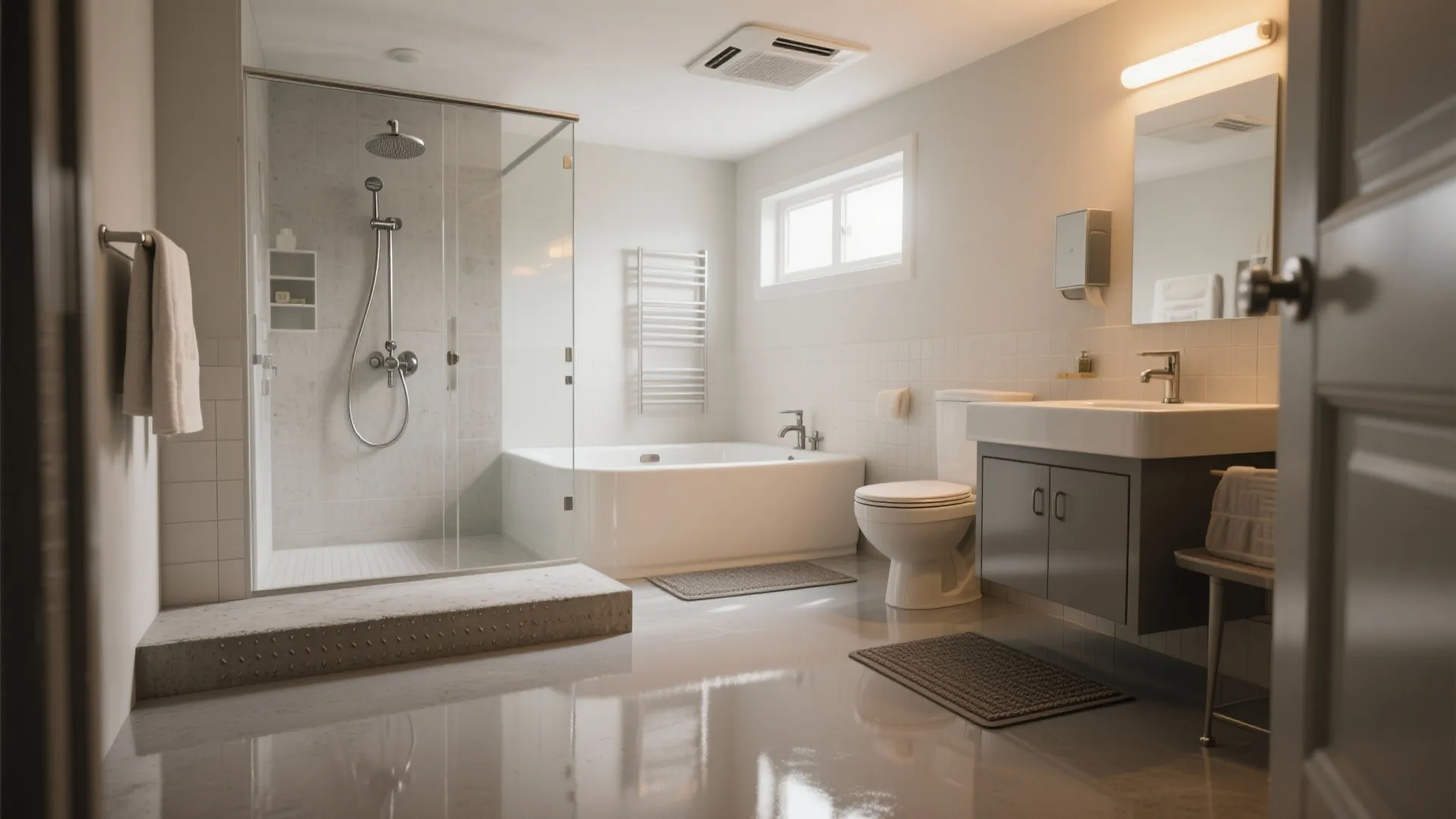 Family bathroom with a high-gloss epoxy floor and slip-resistant texture