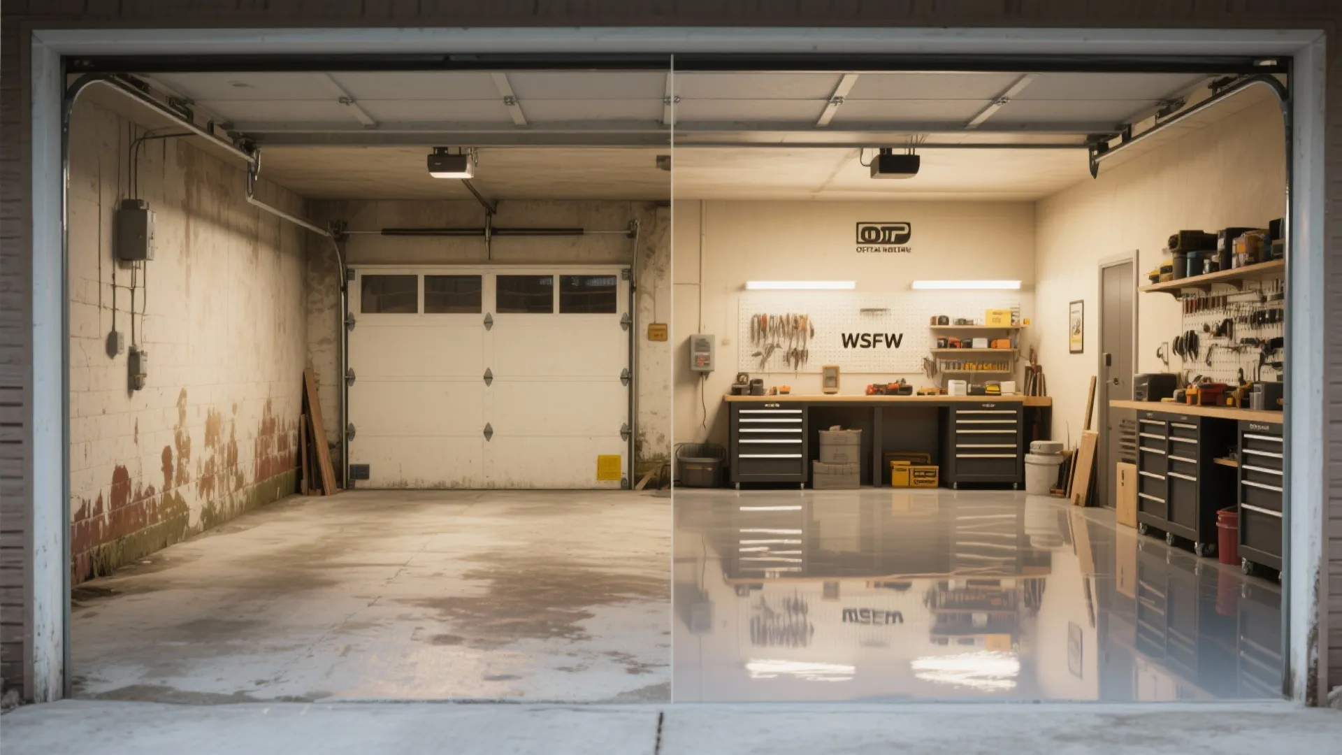 Before-and-after view: stained concrete garage versus transformed space with glossy epoxy floor and epoxy-coated lower walls.