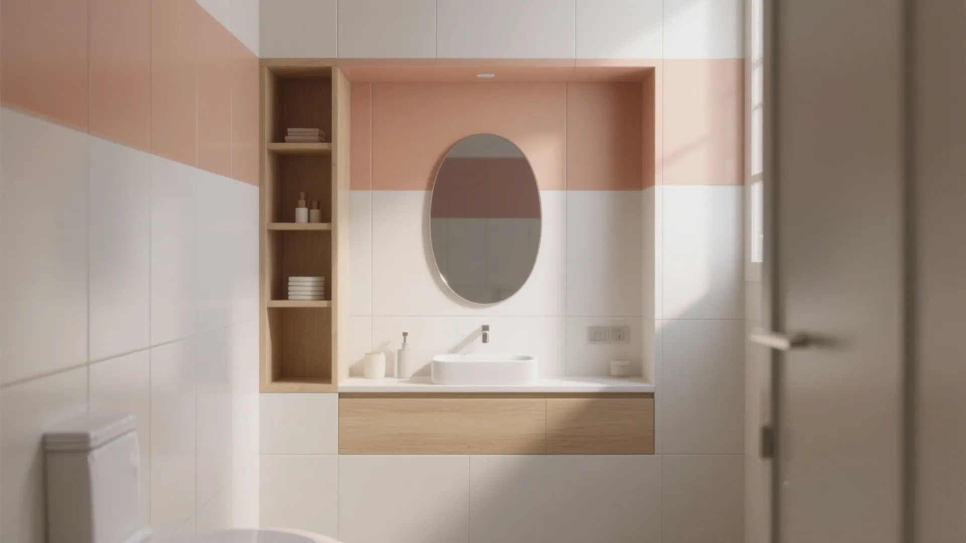 Color-blocked epoxy accents on walls and niches