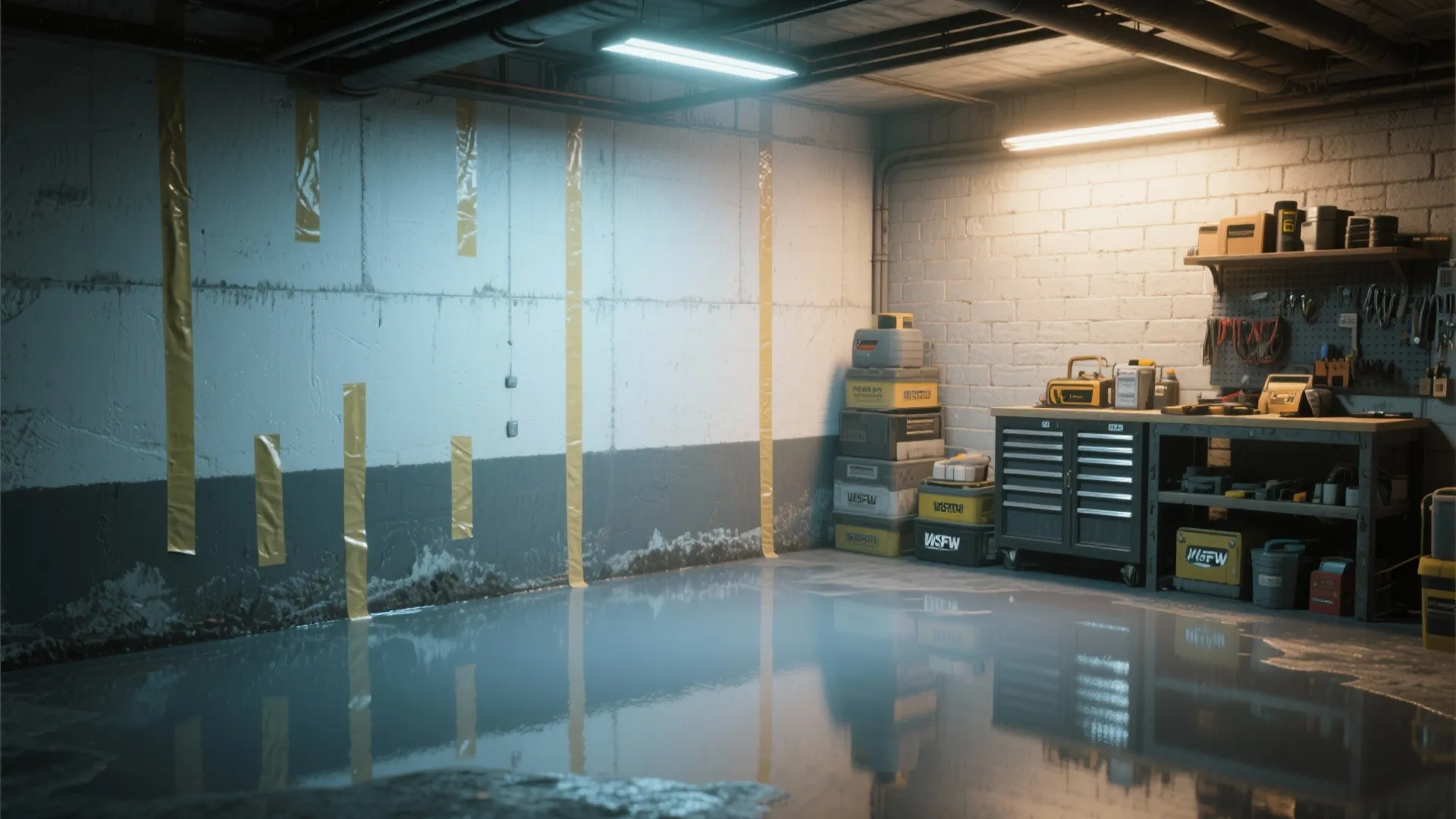 Unfinished basement room with shiny wet floor coating yellow tape on walls and tool workbench