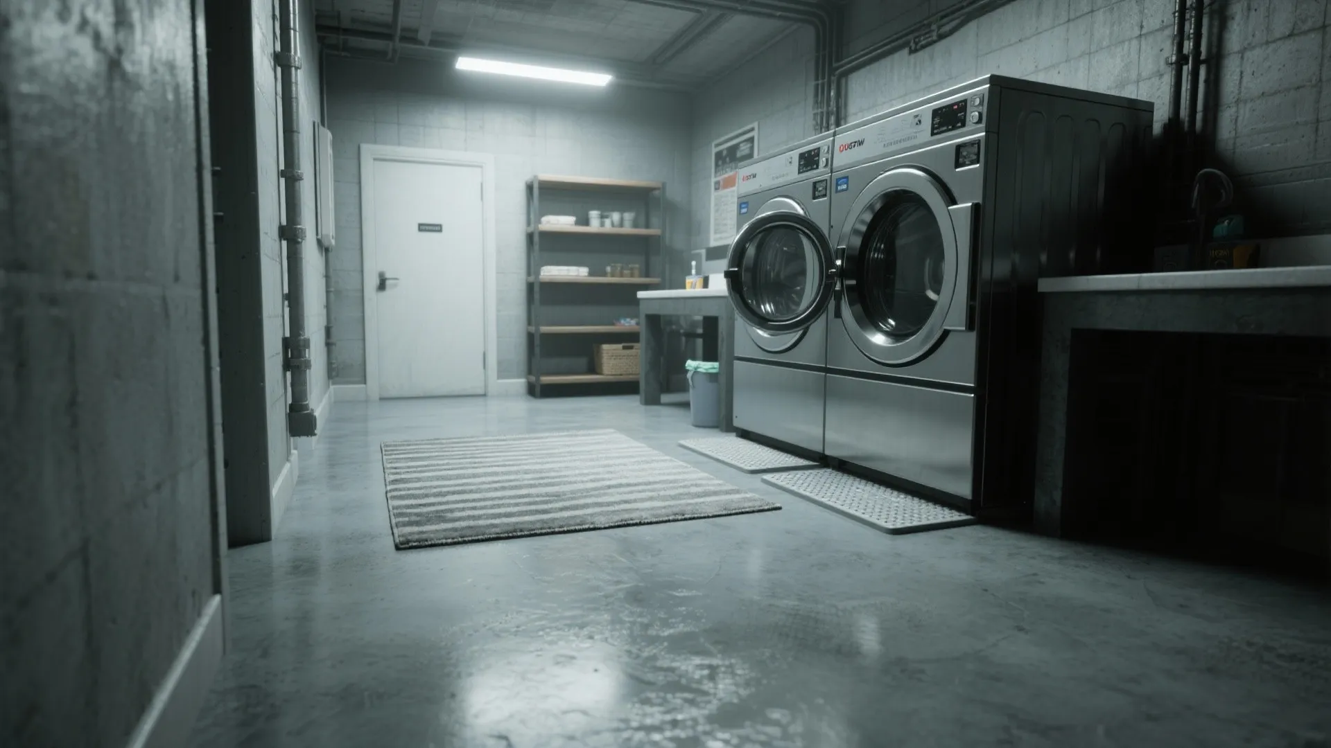 Industrial style basement laundry room with concrete floor silver washing machines and open wooden storage shelves