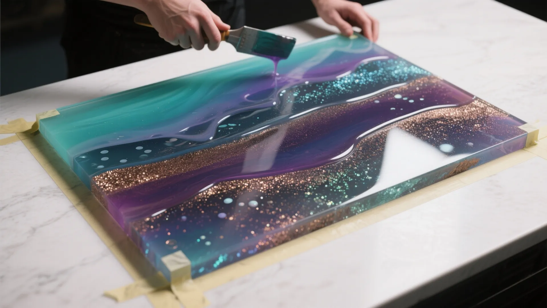 Top-down view of an epoxy countertop pour with translucent dyes and metallic mica layers creating glassy depth.