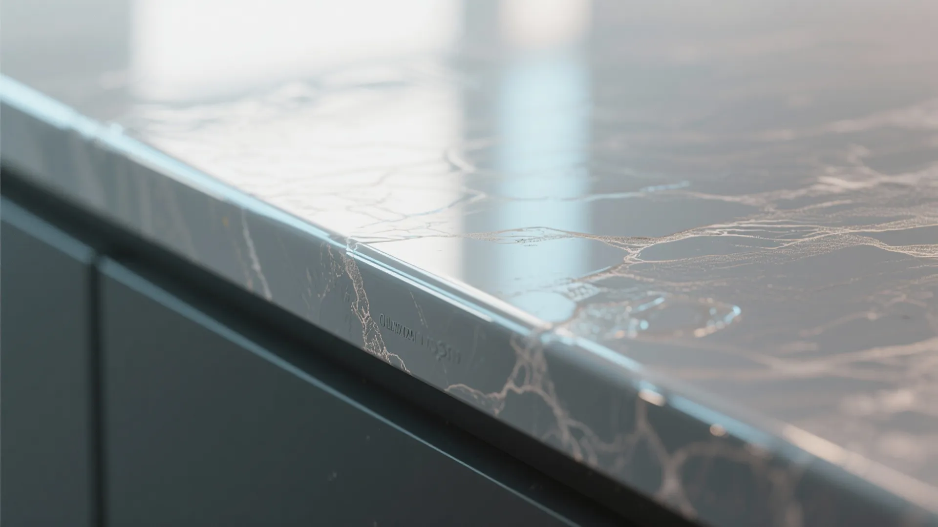 Close up of grey marble kitchen countertop with white veins and a shiny polished surface