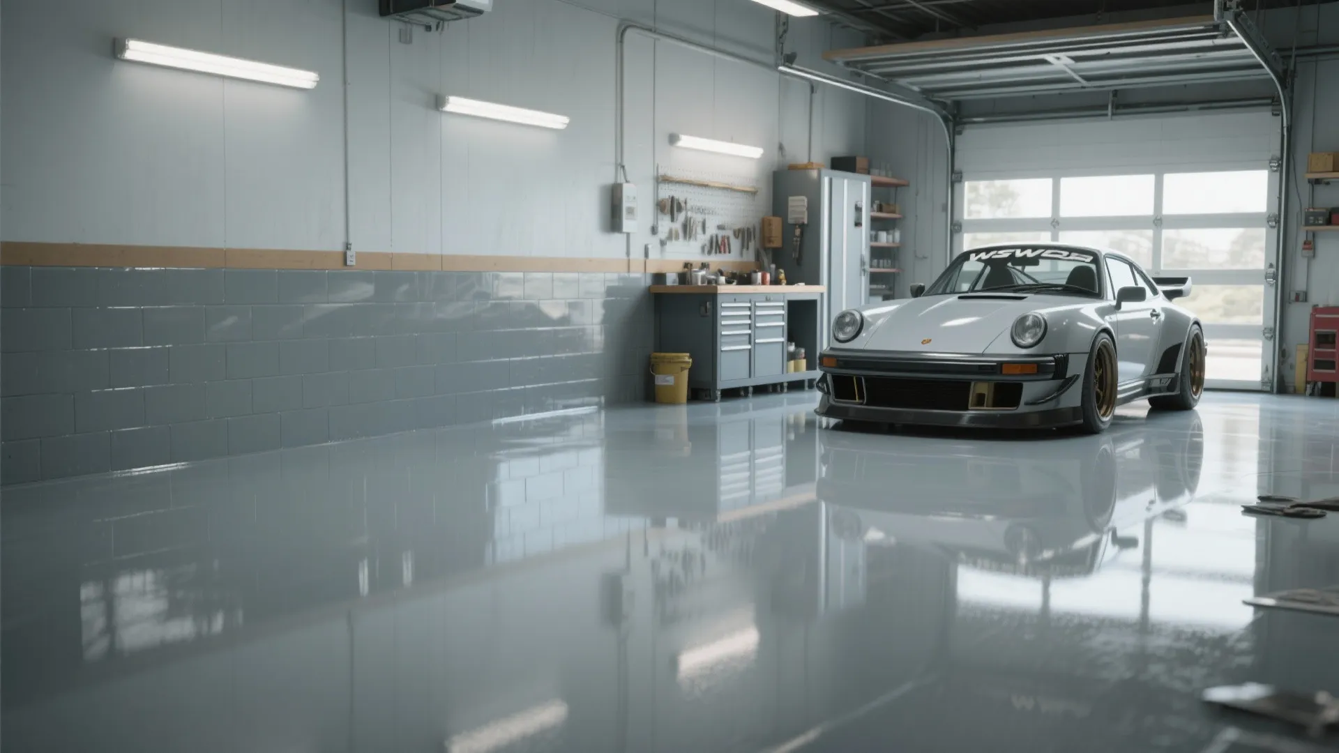 Clean organized garage featuring shiny grey floor with sports car workbench and bright ceiling lights