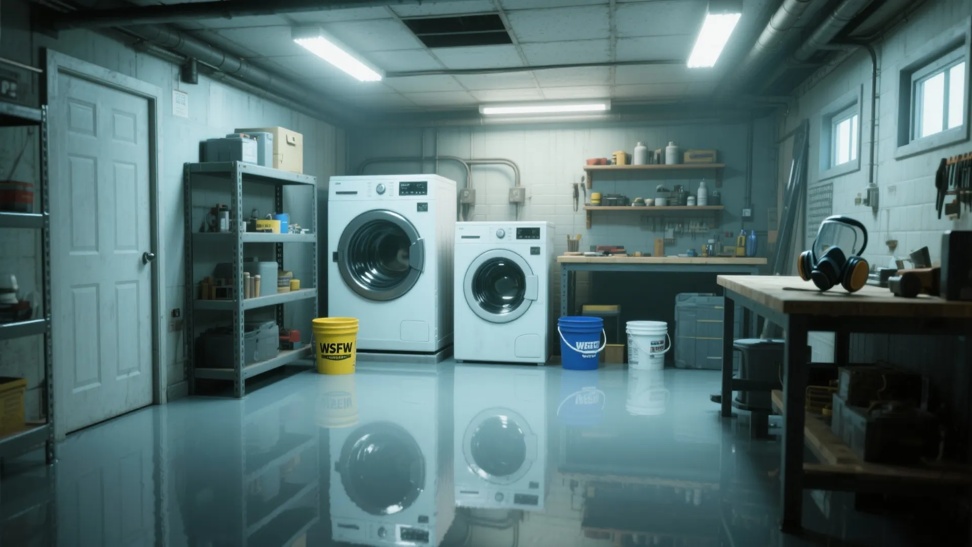 Clean basement laundry room with shiny grey floor washing machines metal shelves and work bench tools