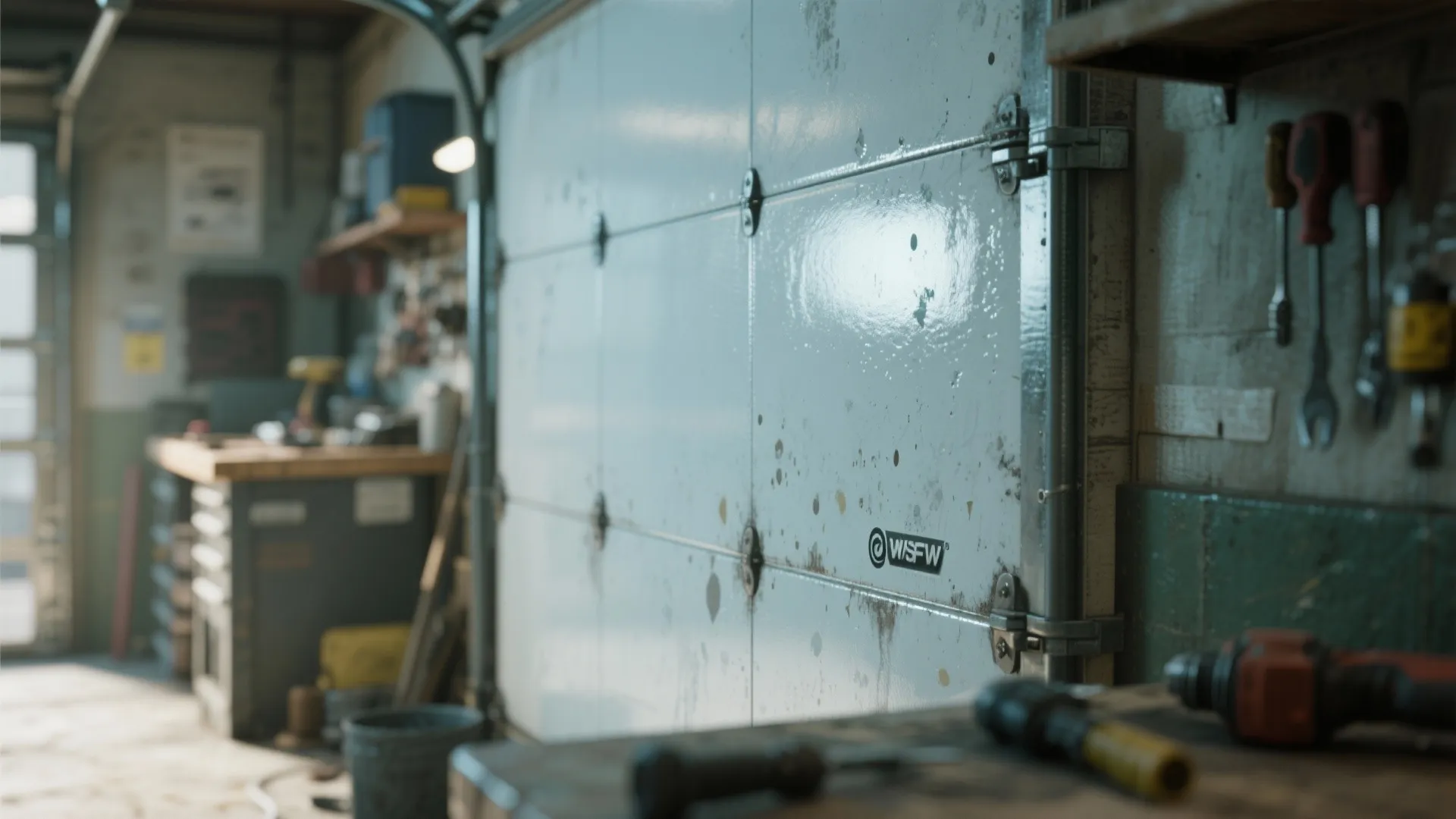 Close up of workshop wall with hanging tools workbench and glossy white garage door panel