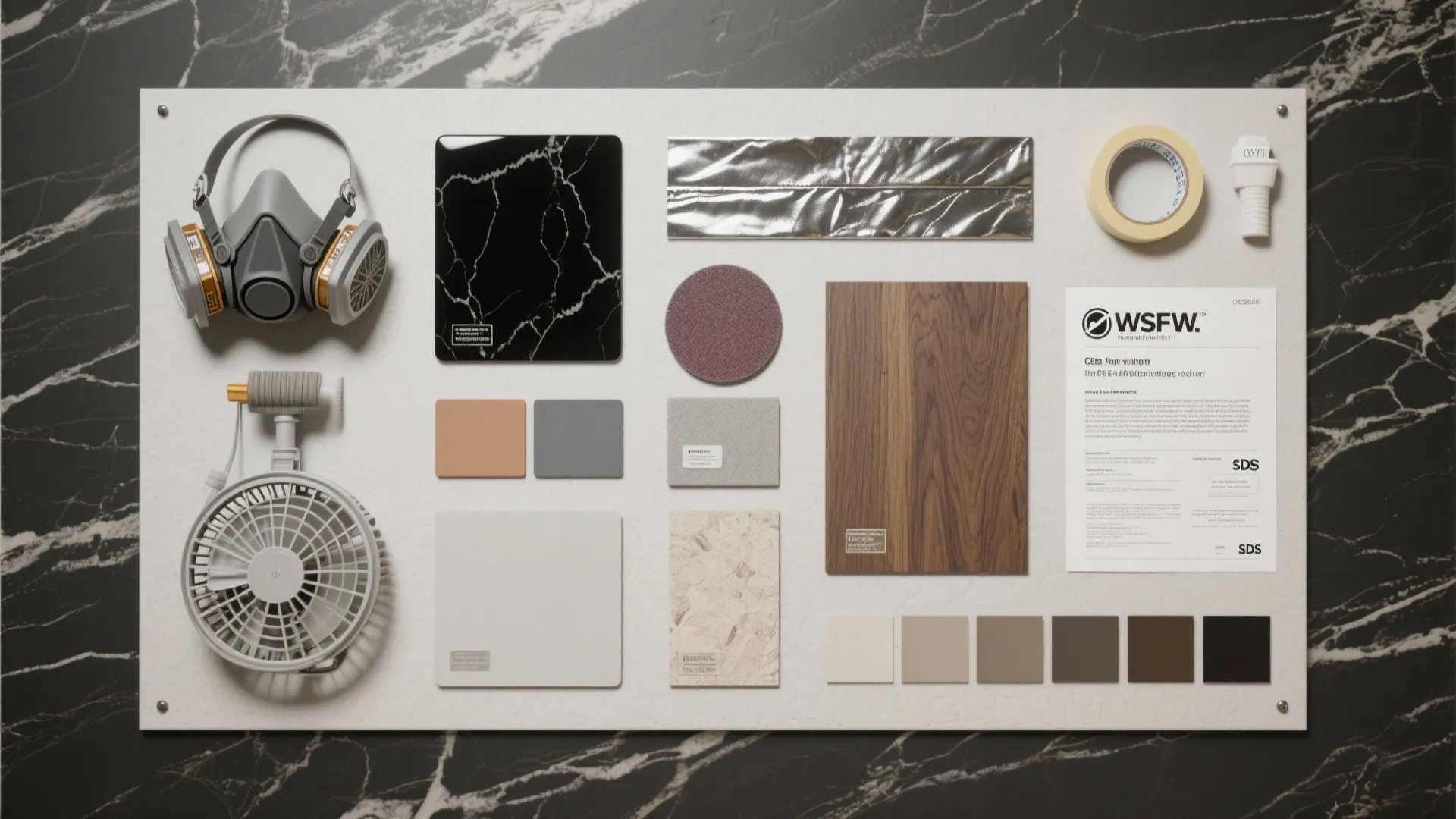 Flatlay of renovation tools including safety mask, wood sample, color swatches, and small white fan