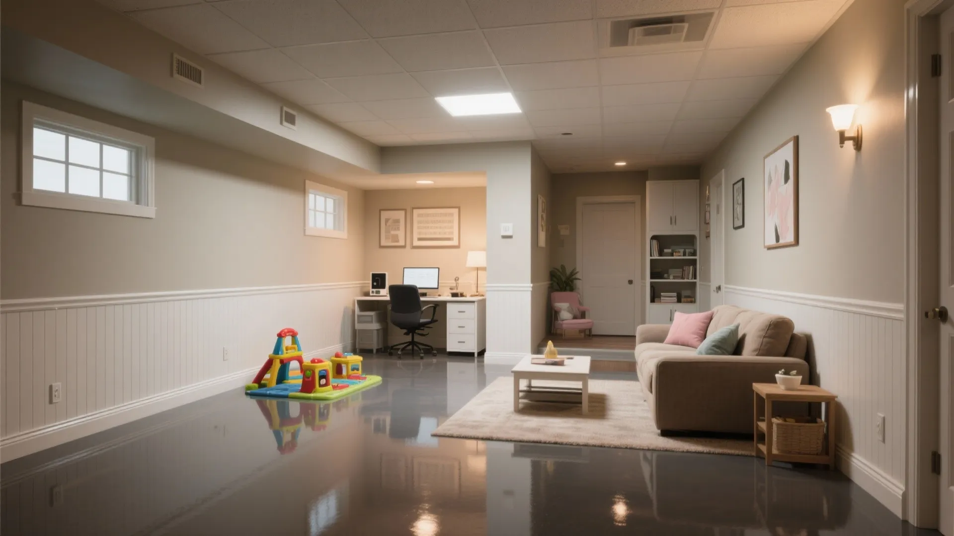 Modern finished basement with shiny grey floor sofa white coffee table and small home office