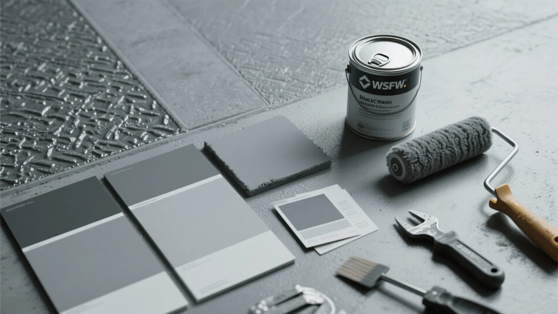 Floor painting tools with grey color samples a paint can roller brush and hand tools