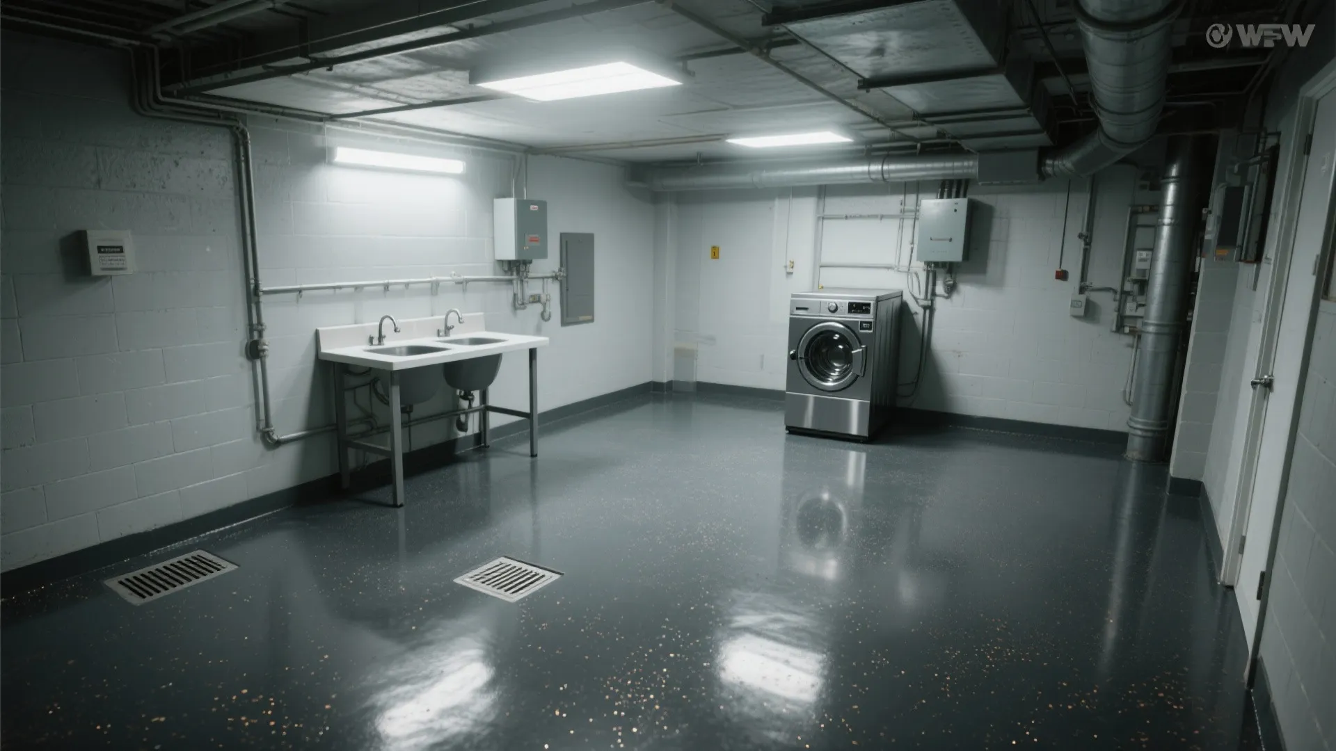 Basement laundry room with shiny grey floor featuring a washing machine sink and ceiling lights