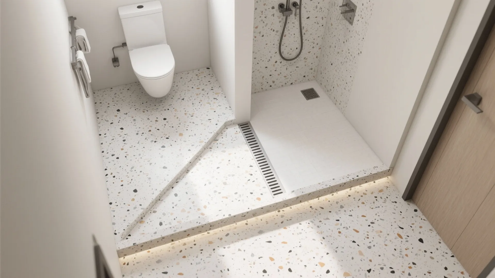 Epoxy terrazzo-look floors in micro bathrooms