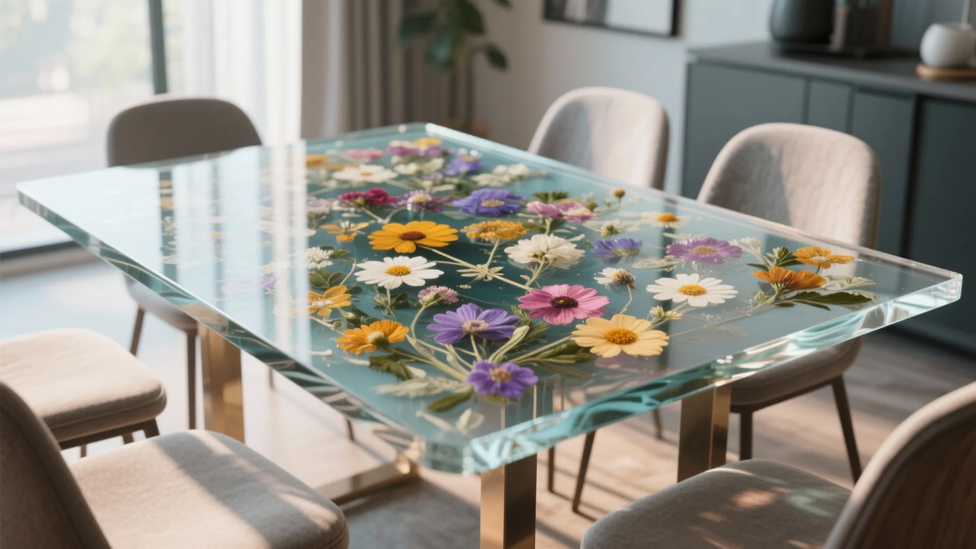 Modern clear dining table with colorful flowers inside paired with grey chairs and natural light