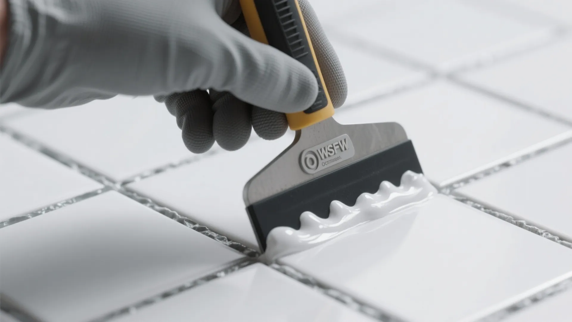 Close-up of epoxy grout being applied between white tiles, showing durable finish