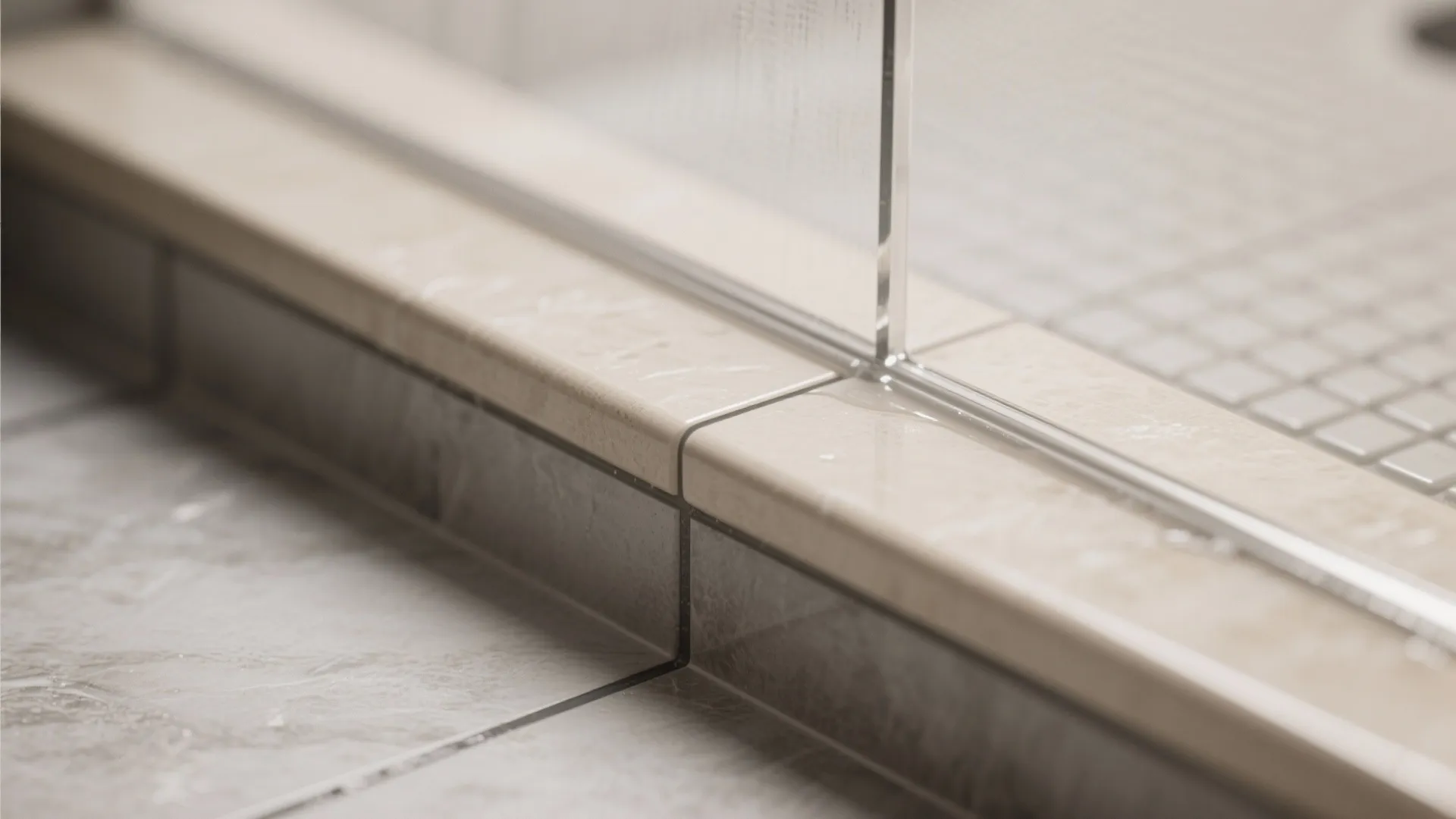 Close up of glass shower door bottom track with tan tiles and grey floor grout lines