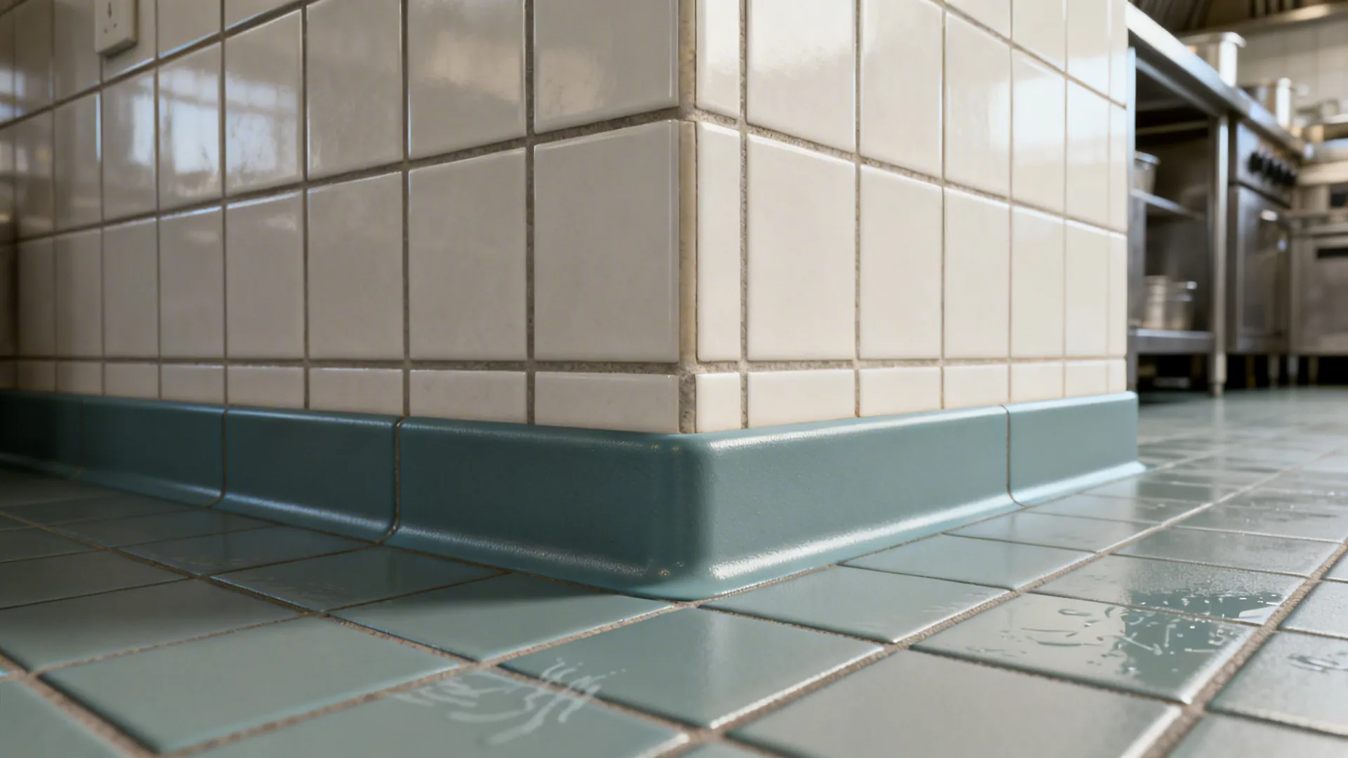 Macro of epoxy grout at a sanitary cove base showing smooth, clean joints.